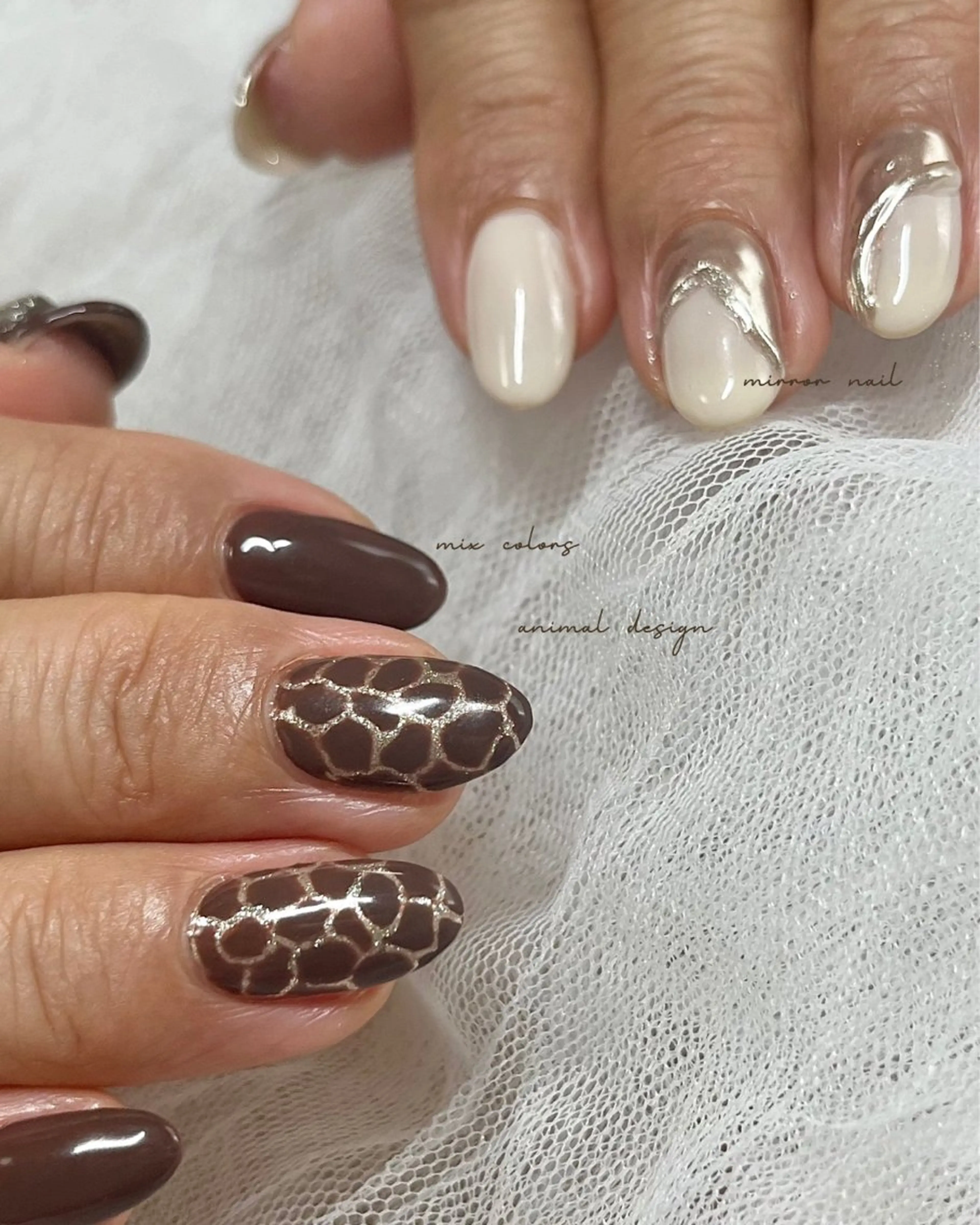 ネイル アニマル柄 アートネイル ブラウン ミラーネイル 持ち込み nail salon slothのネイルデザイン