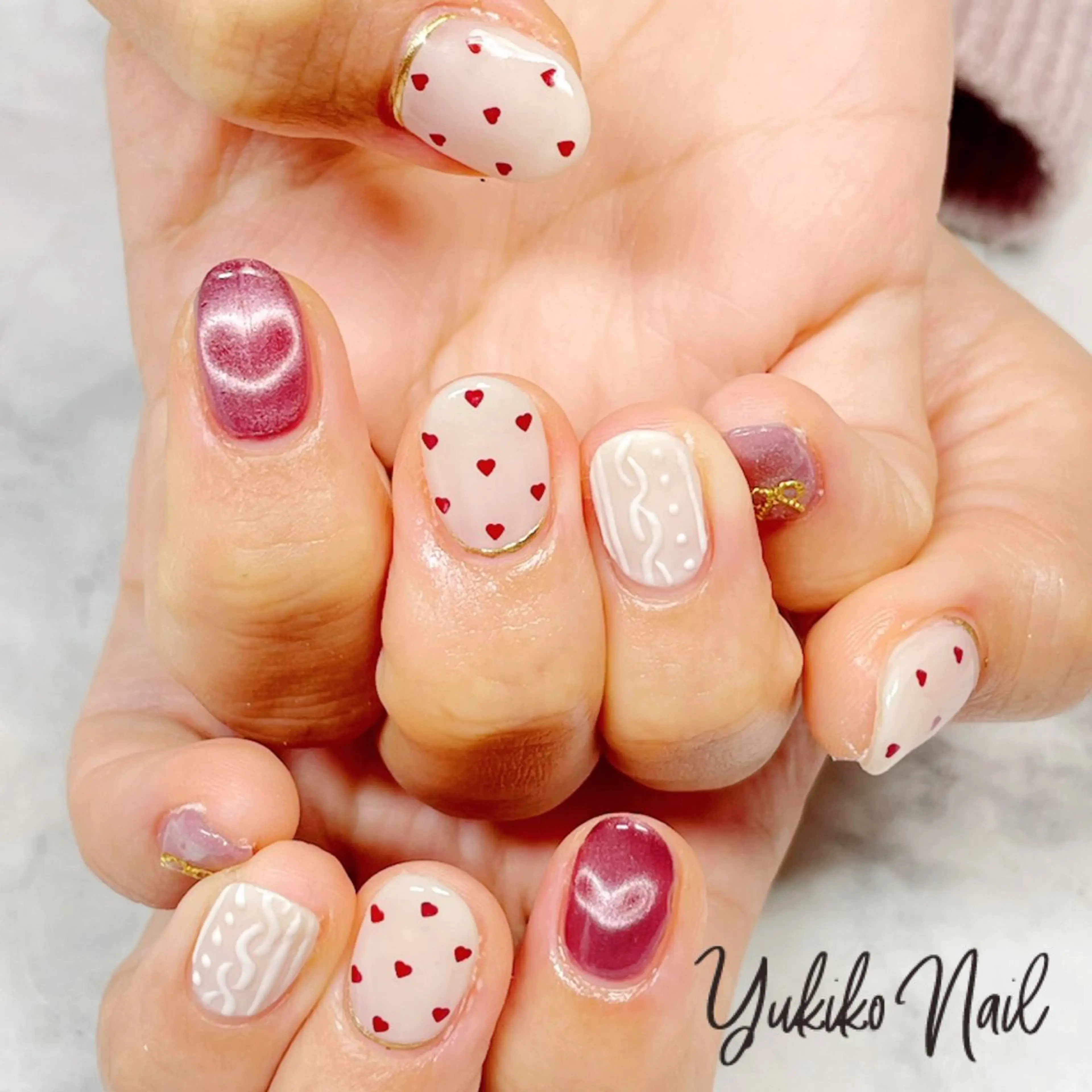 ネイル ハート マグネットネイル ピンク 赤色 バレンタイン ハンドネイル ユキコ ネイルのネイルデザイン