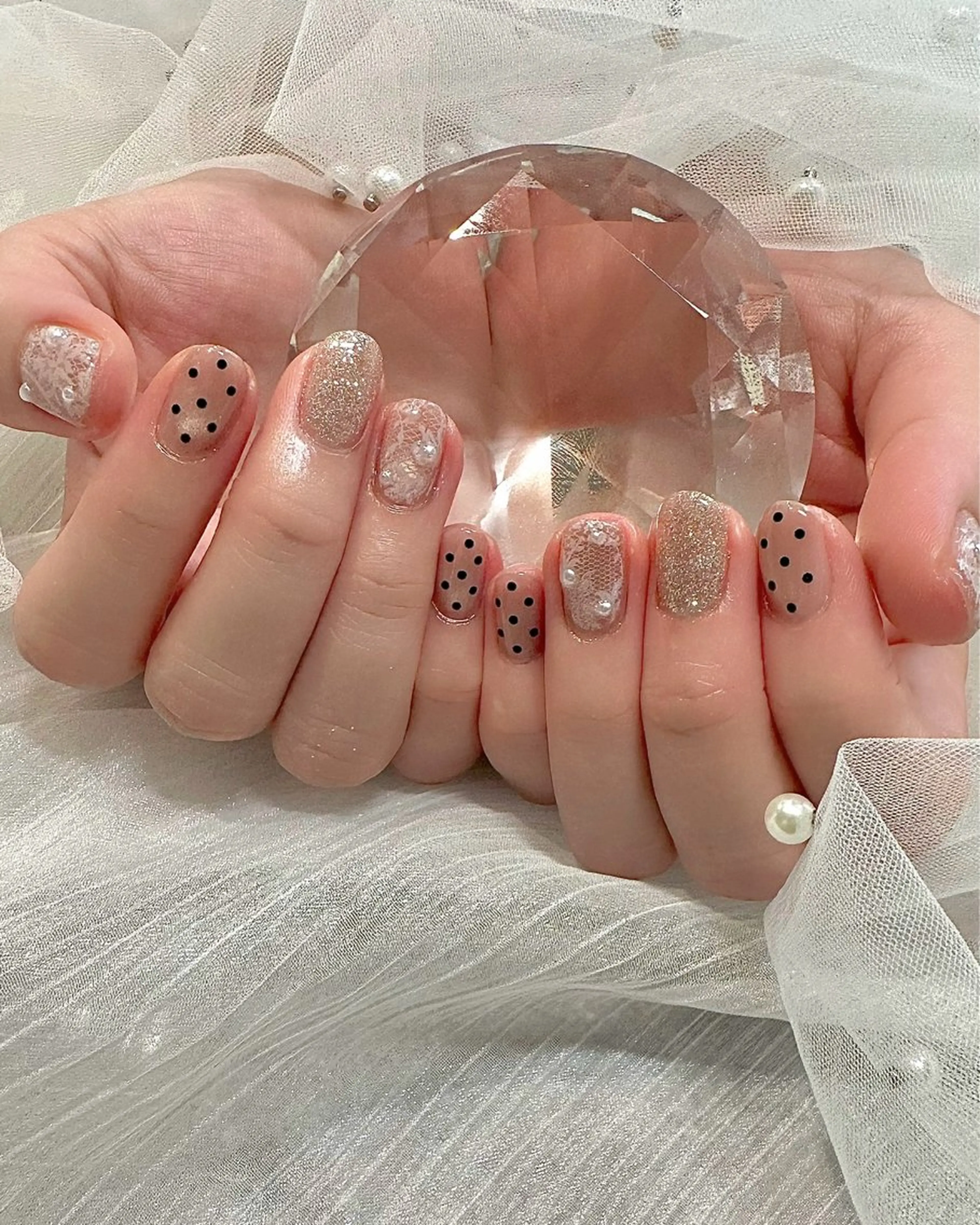 ネイル ドット レース ラメ(グリッター) ショートネイル ハンドネイル Sei ｜ cres nailのネイルデザイン
