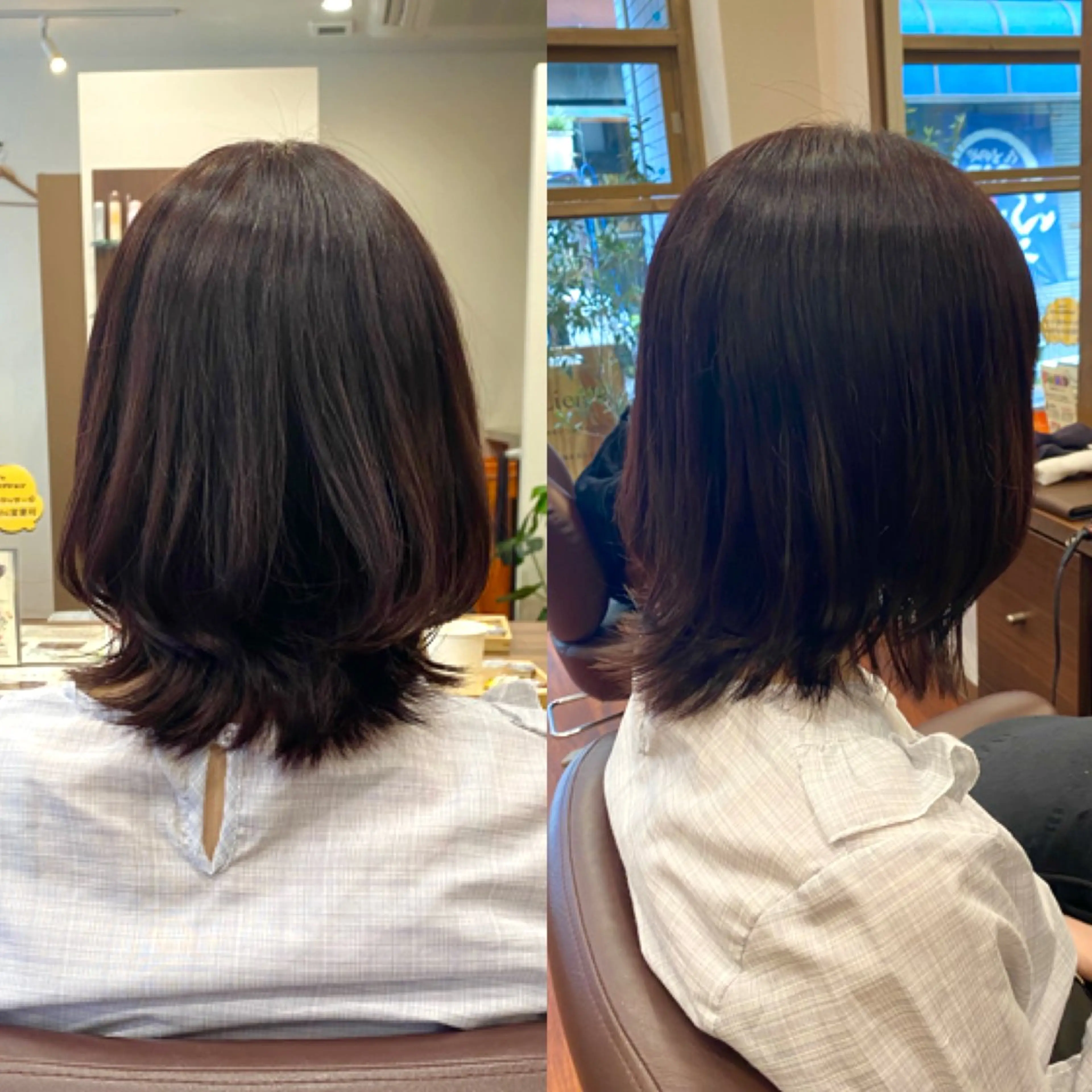 ミディアム カラー ミディアムレイヤー カシス ピンクカラー くびれヘア レイヤーカット Lien's teraのヘアスタイル