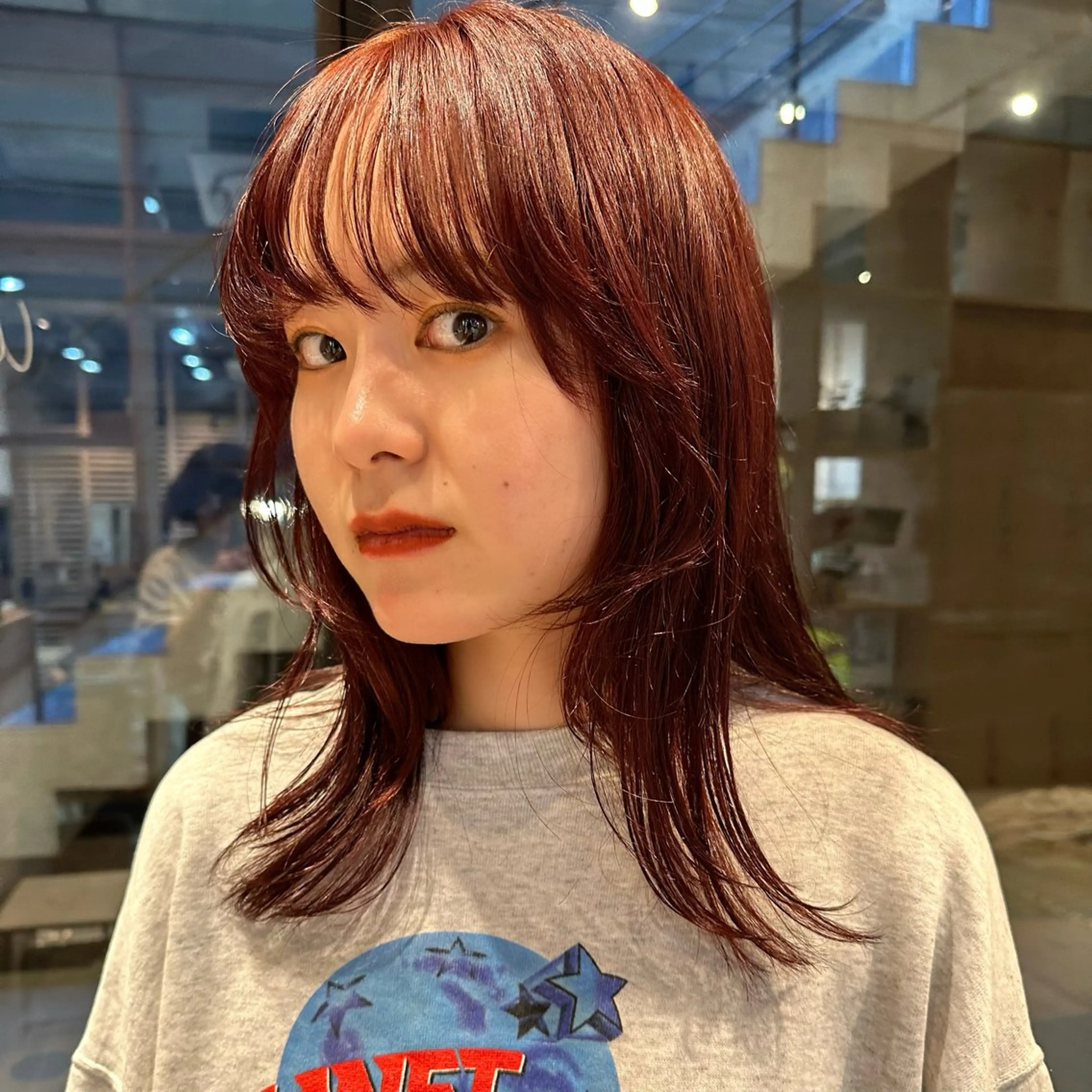 ミディアム カラー ダブルカラー オレンジ ボブ/レイヤー/ニュ アンスパーマ/小夏のヘアスタイル