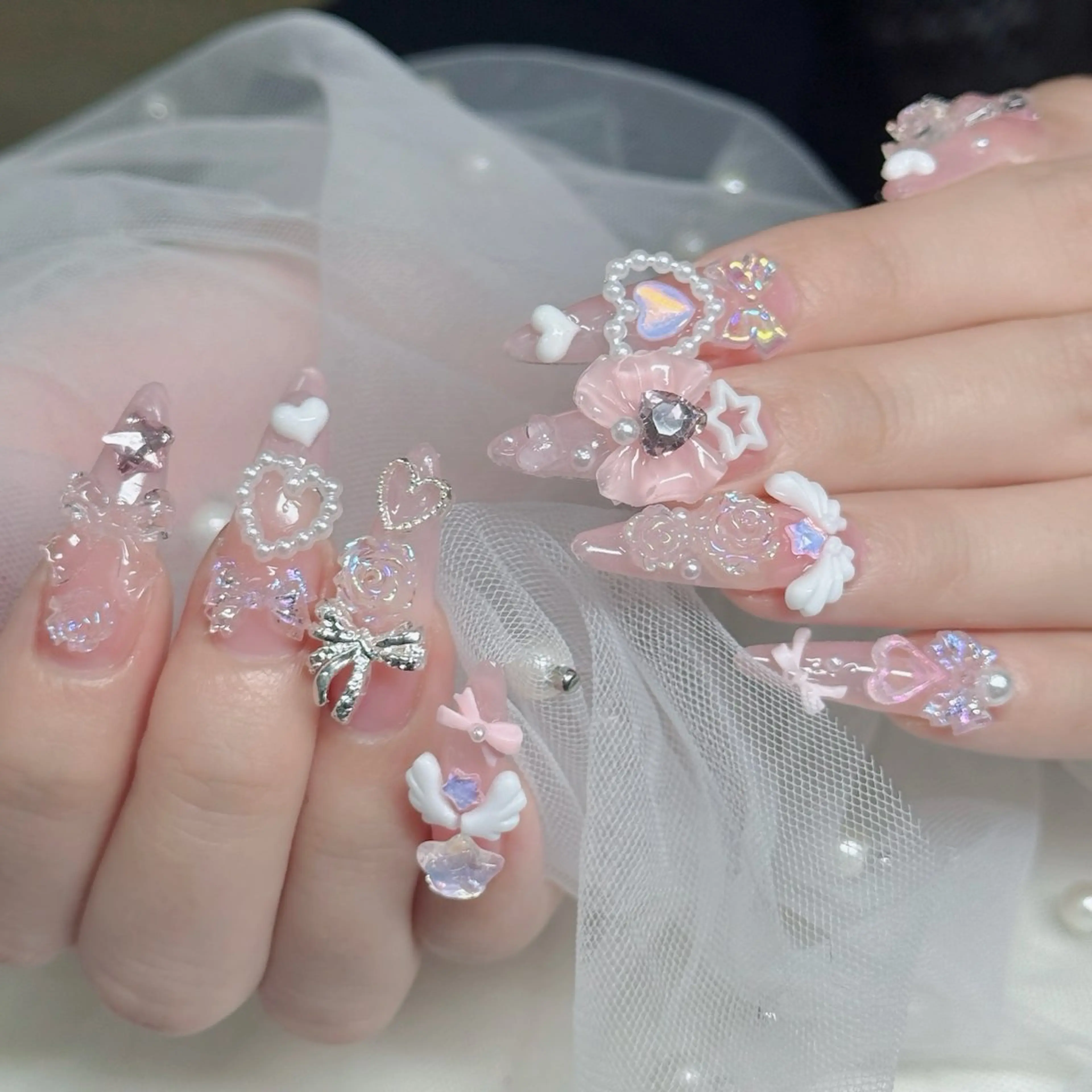 ネイル ロングネイル マグネットネイル リボン 夏ネイル スーパーロングネイル ハンドネイル Hani Nail XUKAのネイルデザイン