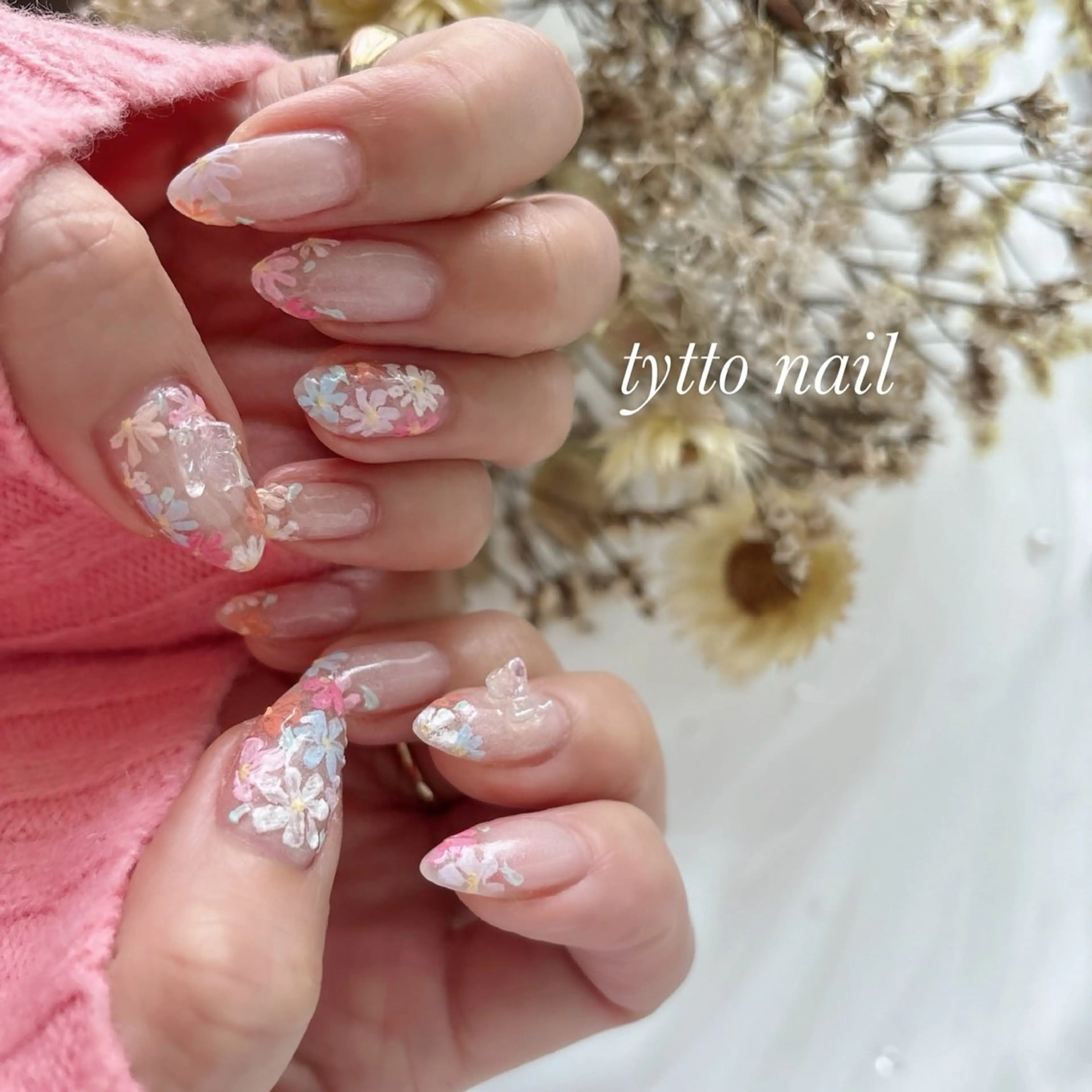 ネイル フラワーネイル フレンチネイル ガーリー 韓国ネイル ワンカラーネイル ハンドネイル tytto nail ❤︎‪‪eri‪‪のネイルデザイン