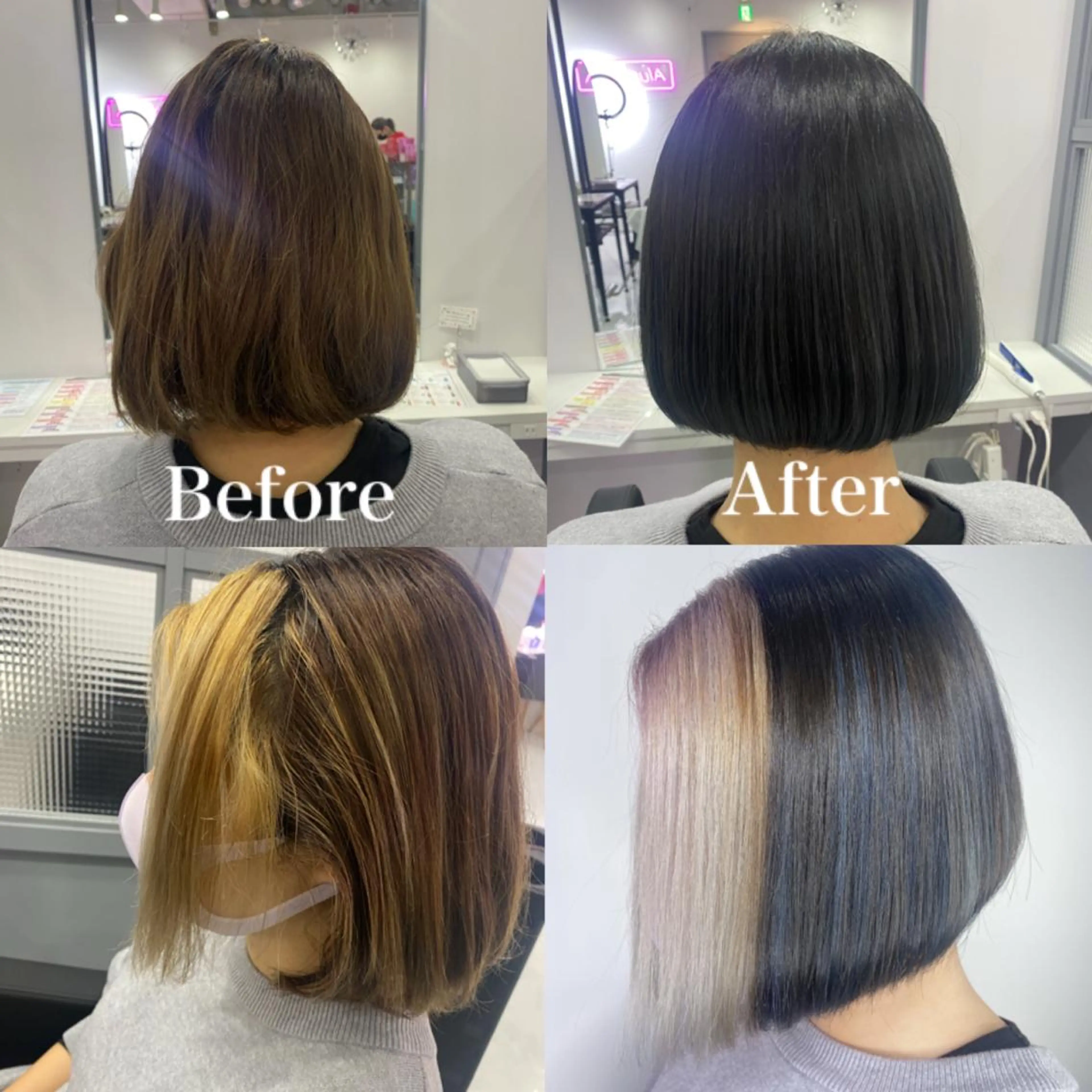 ショート カラー ハイライトカラー ネイビーカラー ハイライト ヘアカラー トリートメント 髪質改善×矯正🫧 韓国ヘアasamiのヘアスタイル