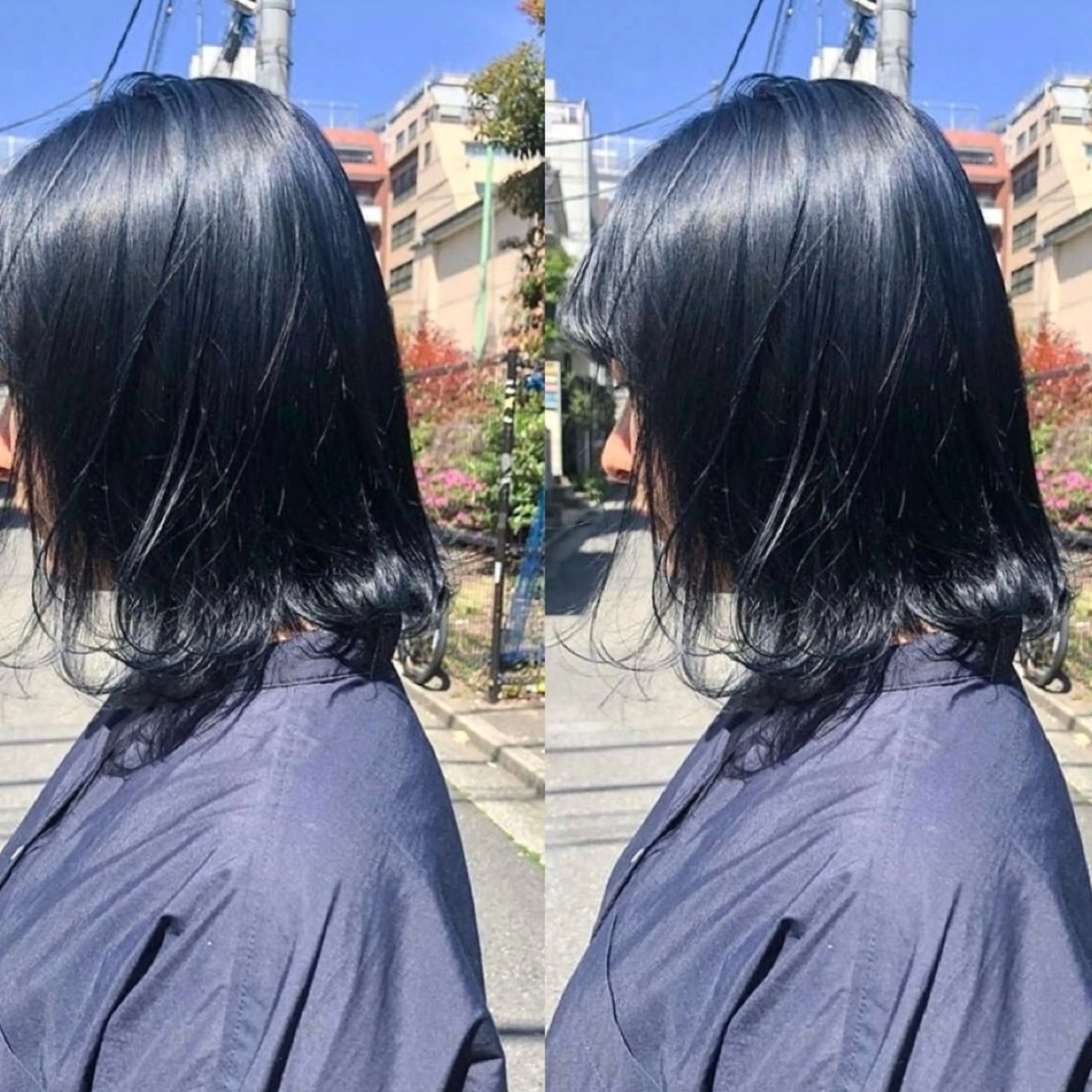 ミディアム カラー 黒髪 ブルーカラー ブルーブラック ブルージュ ヘアカラー トリートメント 表参道/ハイライト バレイヤージュのヘアスタイル