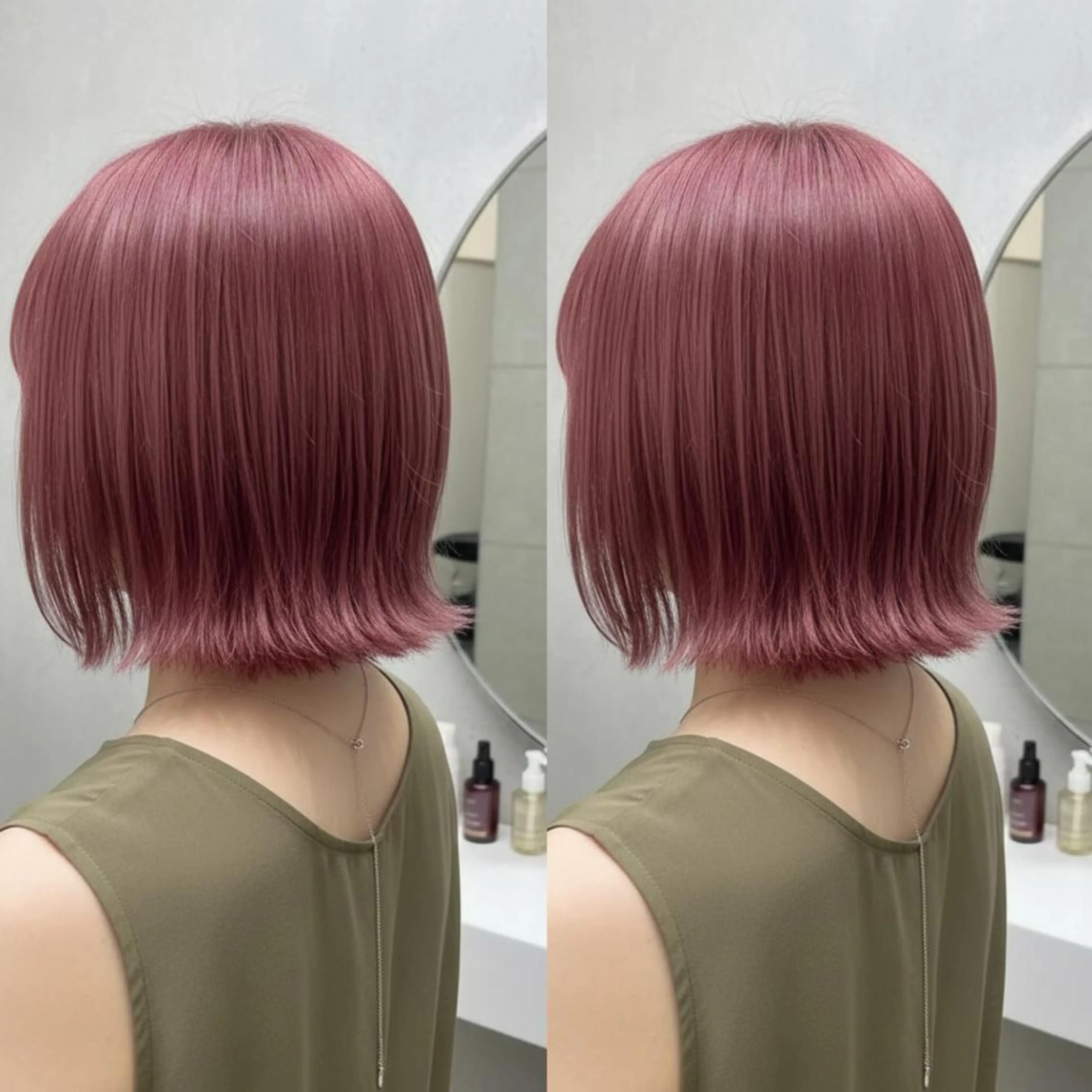 ミディアム ヘアカラー トリートメント 💕透明感赤味カラー ぱっつんボブ🩷のヘアスタイル