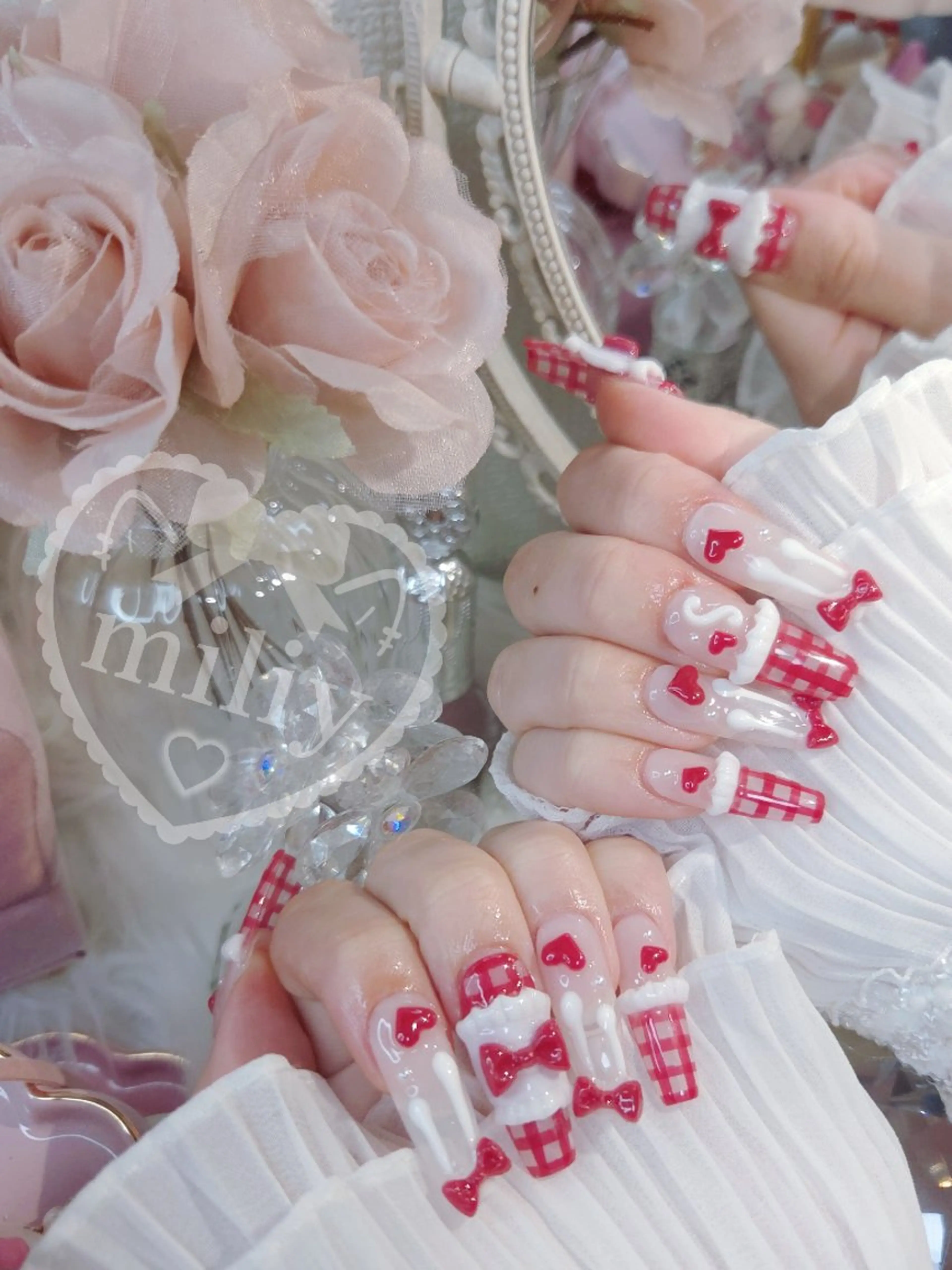 ネイル 持ち込み 赤色 リボン ハンドネイル miliy nail 🎀上尾のネイルデザイン