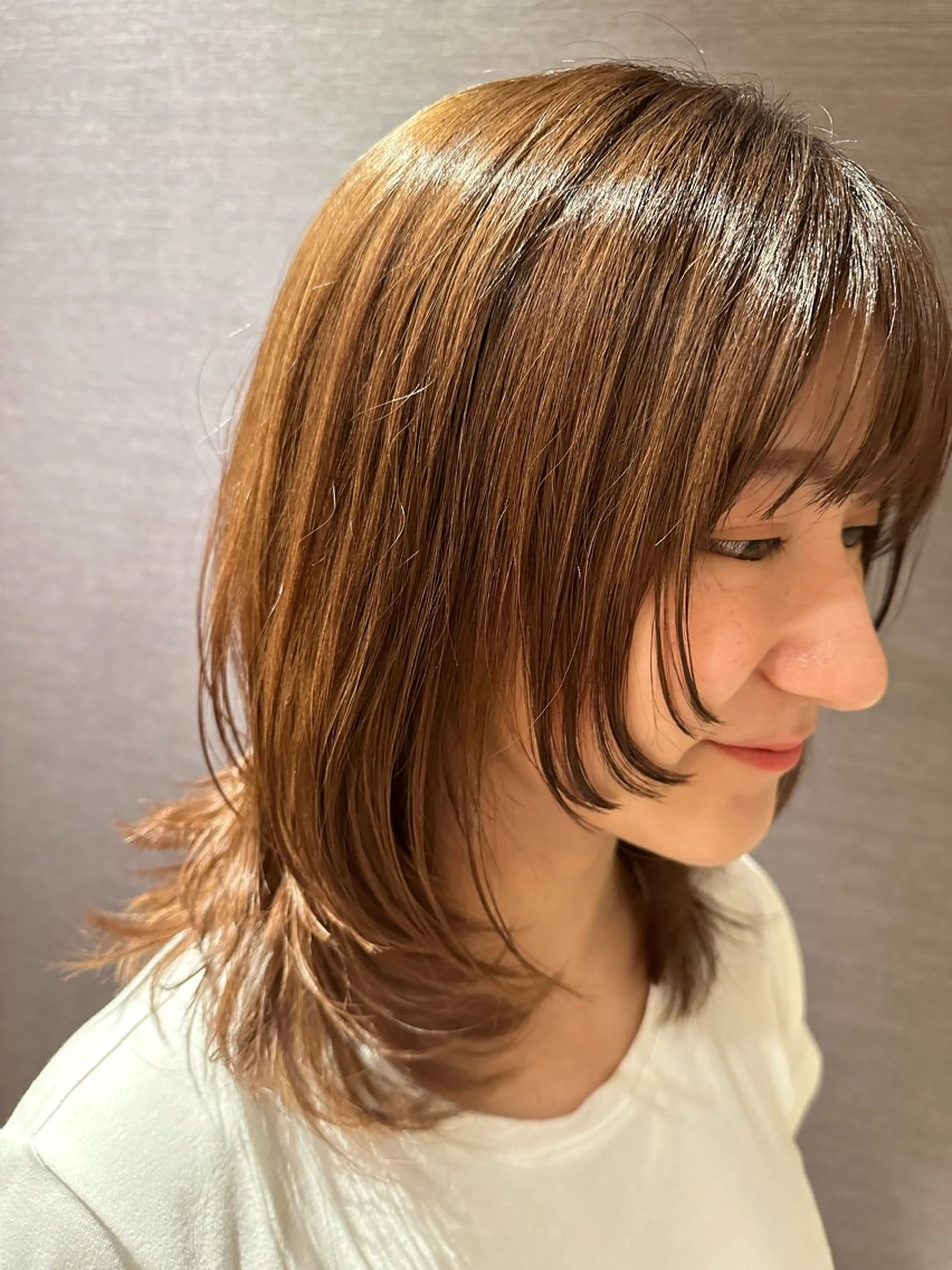 ミディアム 顔周りカット レイヤーカット 韓国風ﾊﾟｰﾏ❁﻿ fu-ka❁艶ｶﾗｰのヘアスタイル