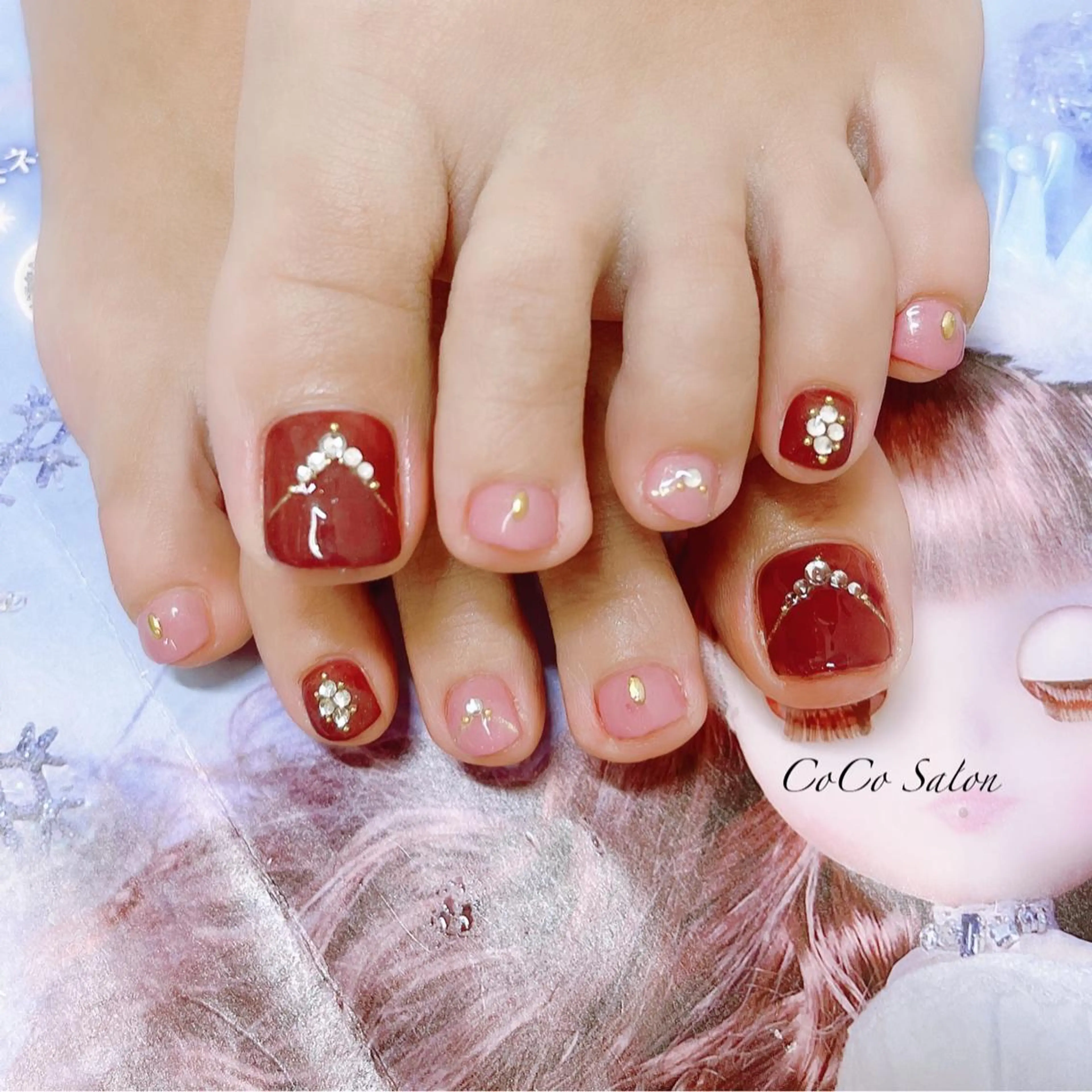 ネイル ボルドー 長さ出し フットネイル ジェルネイル ラメ(グリッター) フットネイル CoCoSalon ネイル/まつ毛予約のネイルデザイン