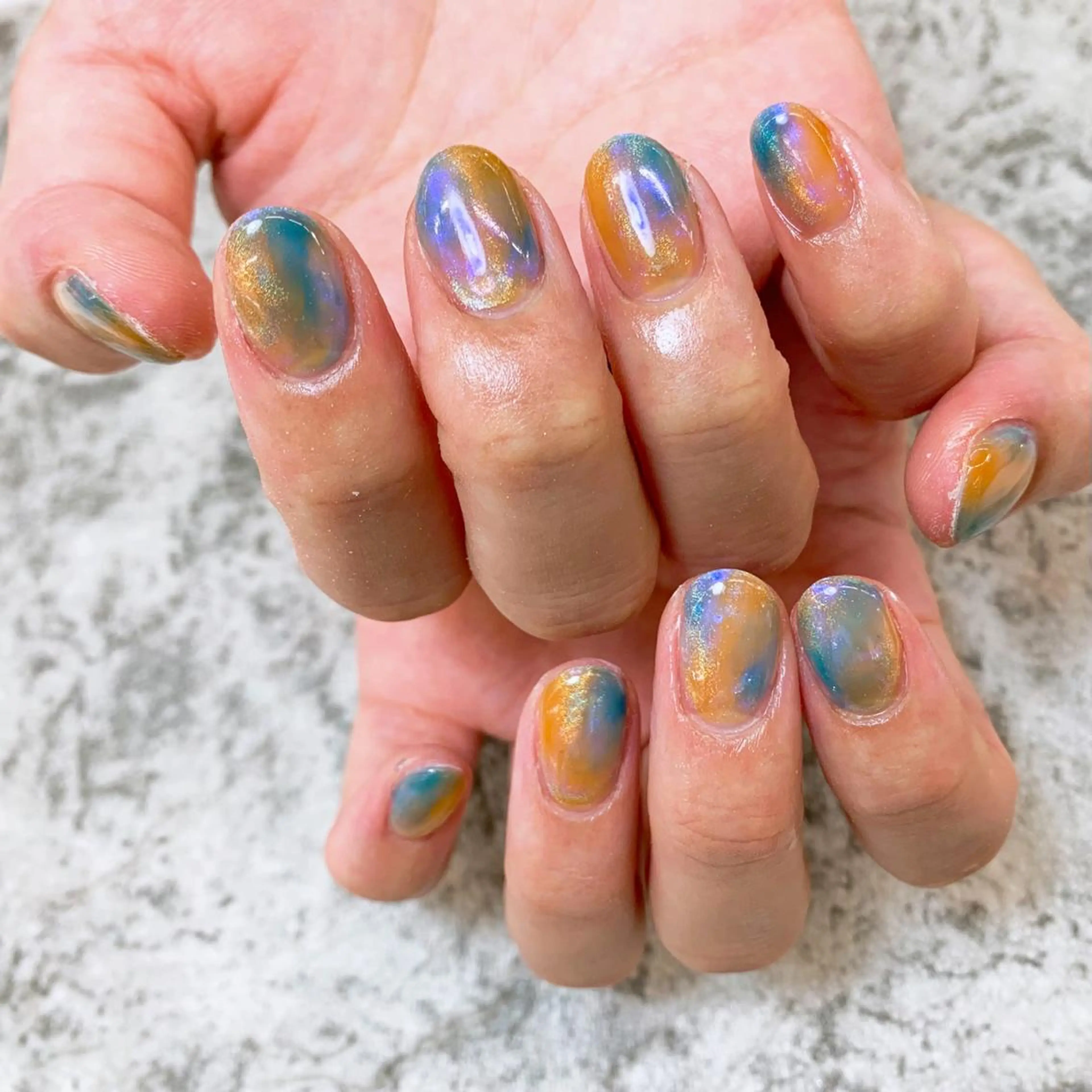 ネイル ブルー ミラーネイル ニュアンスネイル 黄色 ハンドネイル ⭐︎休業中の練習⭐︎ JNA認定講師髙橋のネイルデザイン