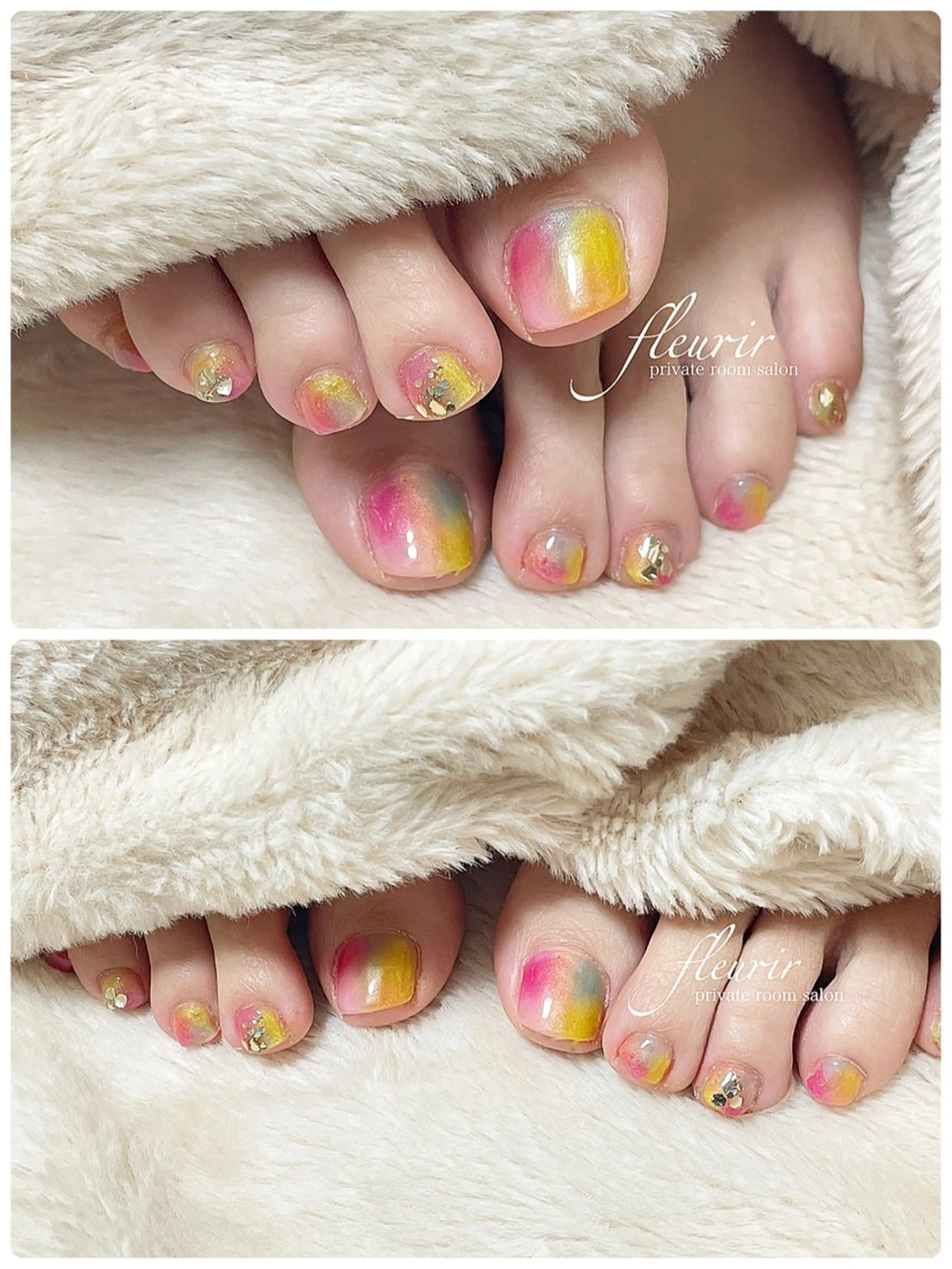 ネイル フットネイル ゴールド ホログラムネイル 水色 オレンジ フルリール 【プライベートサロンのネイルデザイン