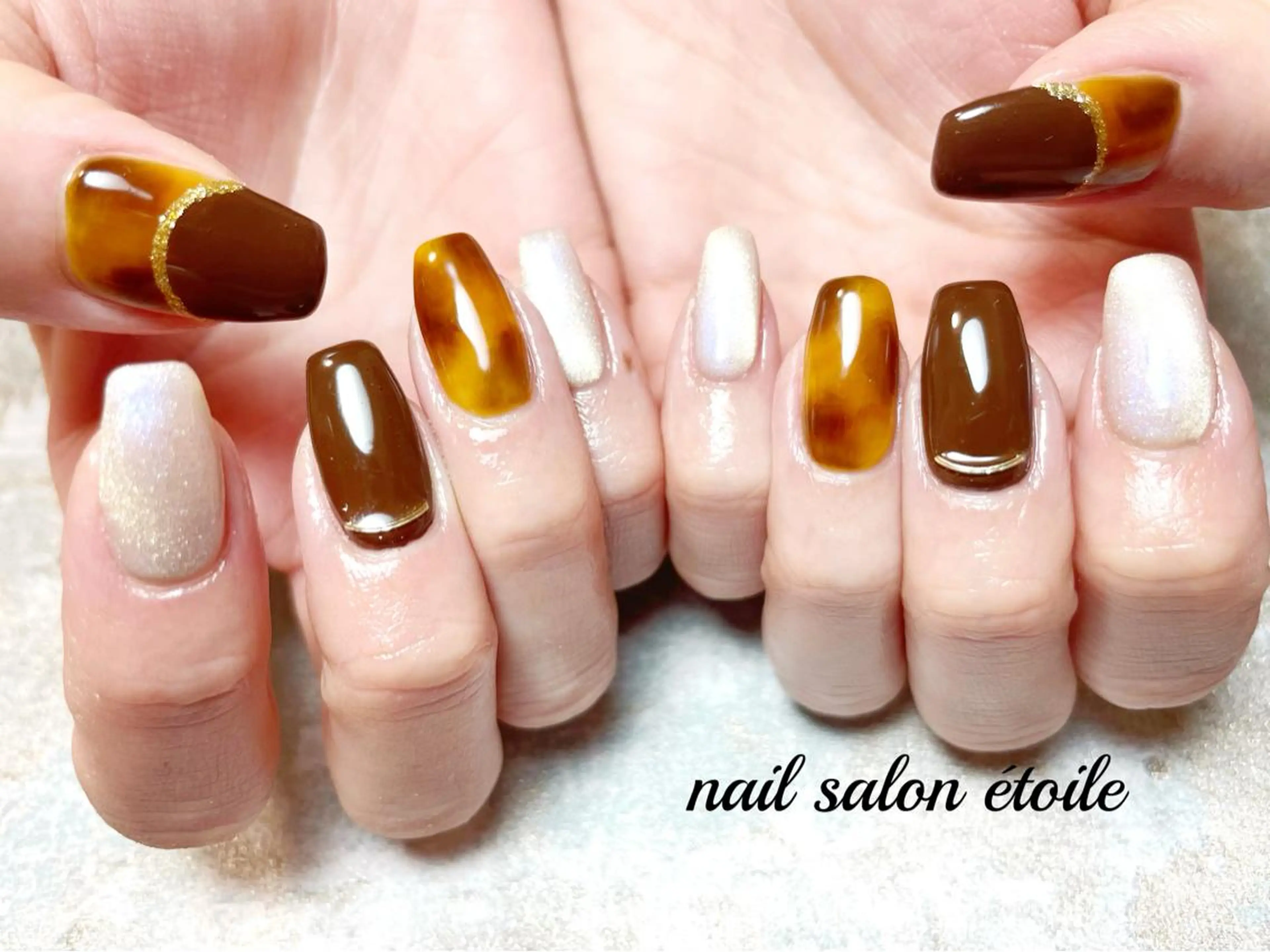ネイル アートネイル べっ甲ネイル ブラウン ジェルネイル ロングネイル ハンドネイル nail salon étoileのネイルデザイン