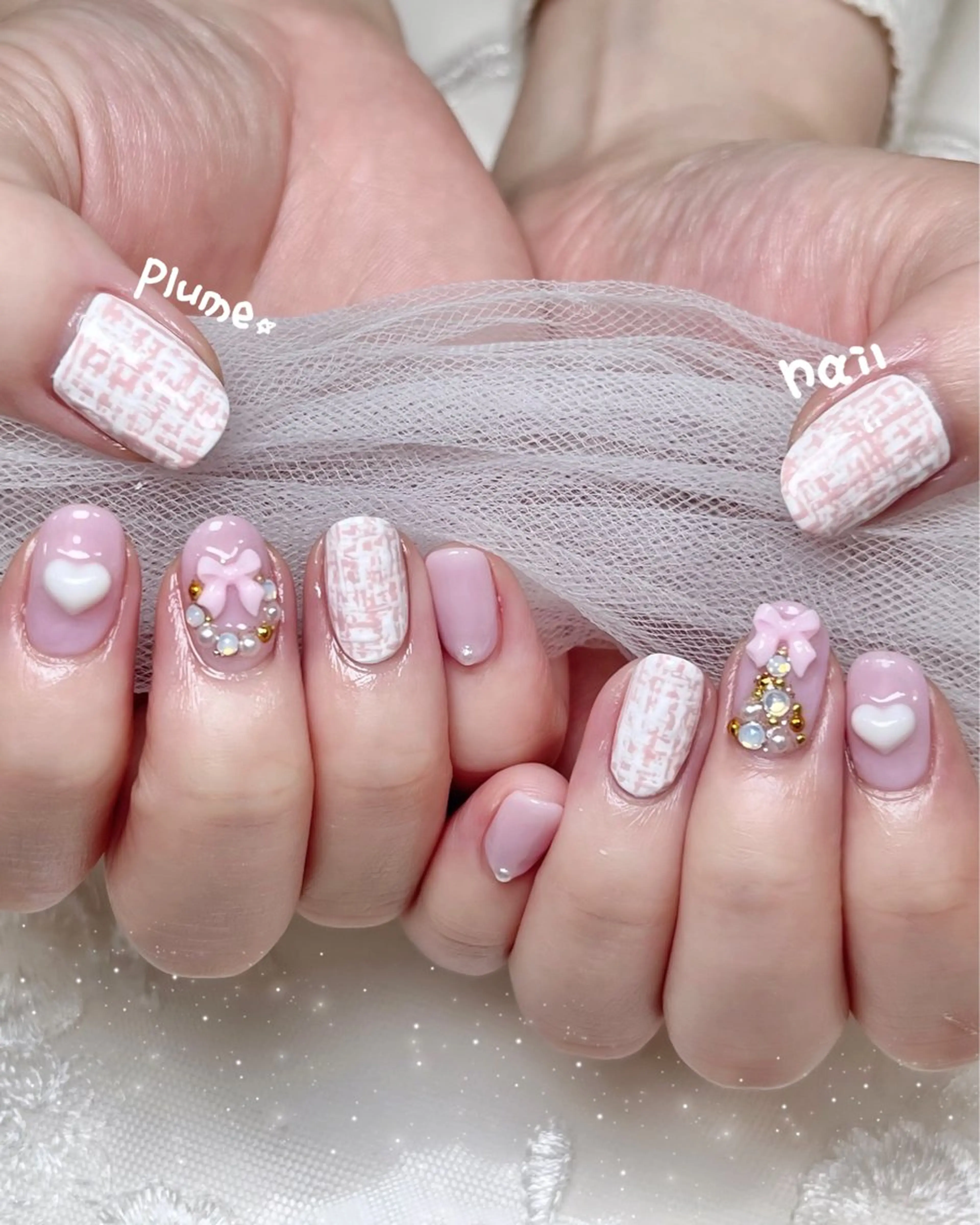 ネイル 韓国ネイル ピンク リボン ワンホンネイル 冬ネイル plume nail ☆韓国ネイルのネイルデザイン