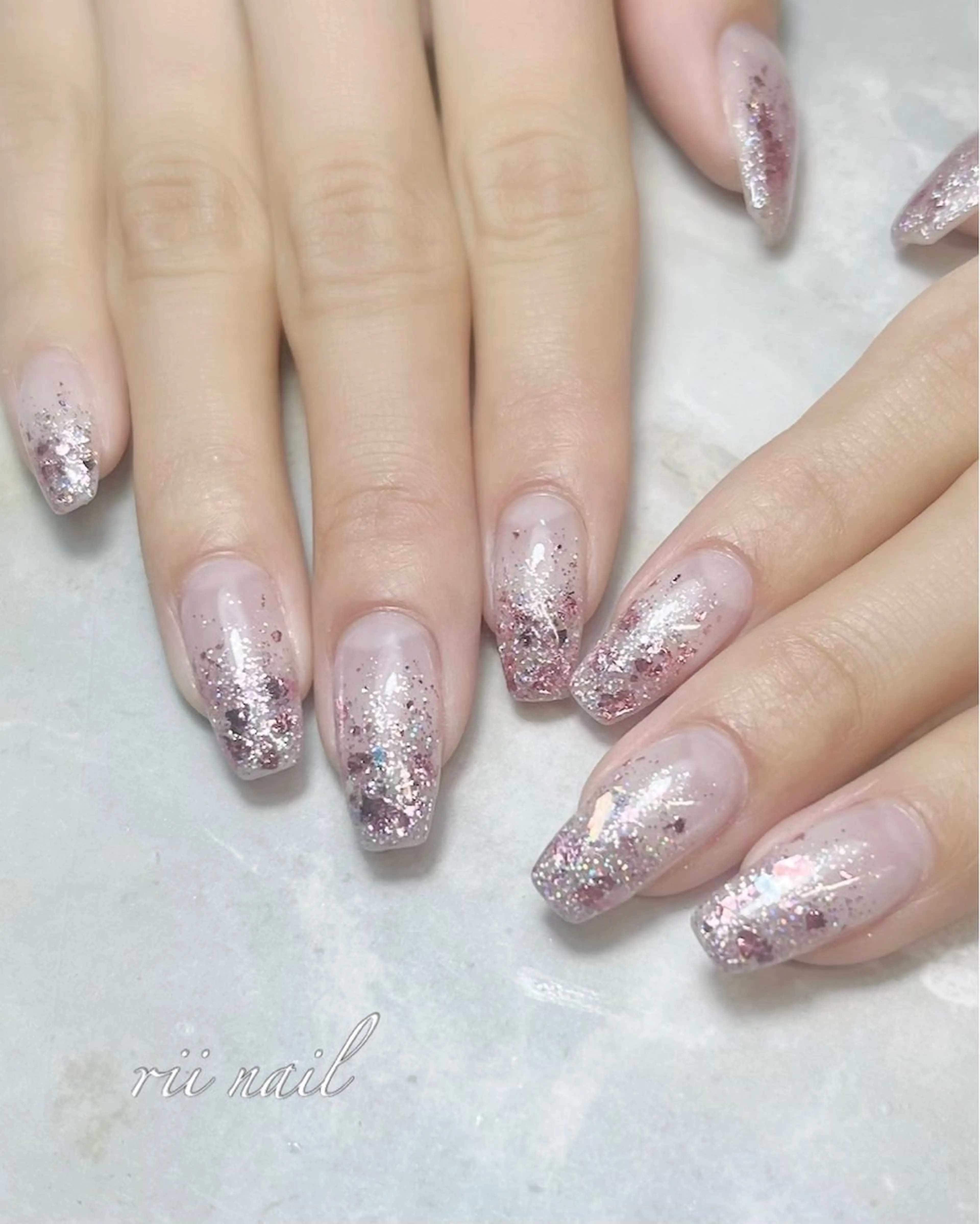 ネイル クリアネイル グラデーション ラメ(グリッター) ラメグラデーション ピンク ハンドネイル まつ毛&ネイル rikoのマツエク・マツパデザイン