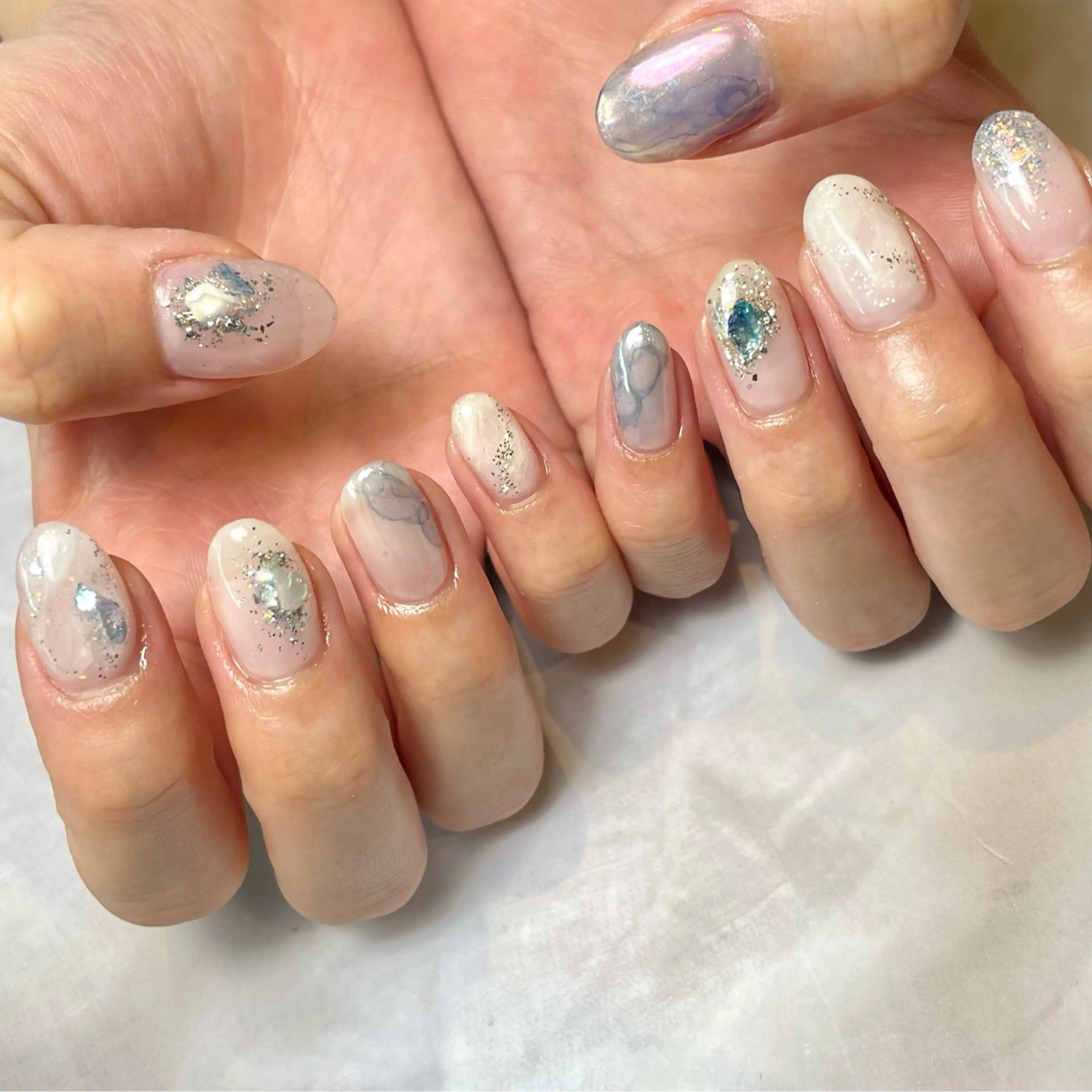 ネイル ブルー 持ち込み ニュアンスネイル ハンドネイル Reflection marikoのネイルデザイン