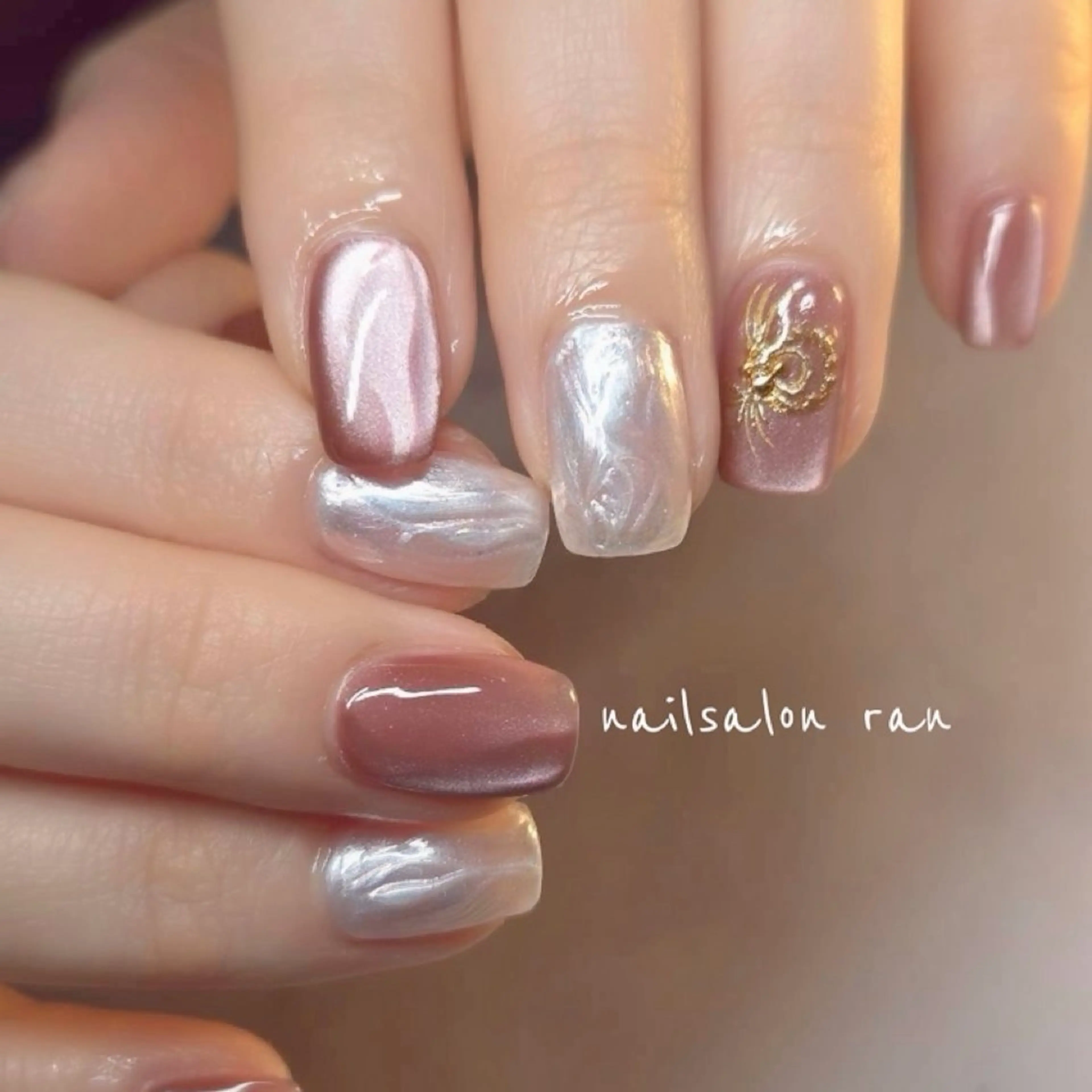 ネイル ミラーネイル ピンク ハンドネイル ハンドケア nailsalon ranのネイルデザイン