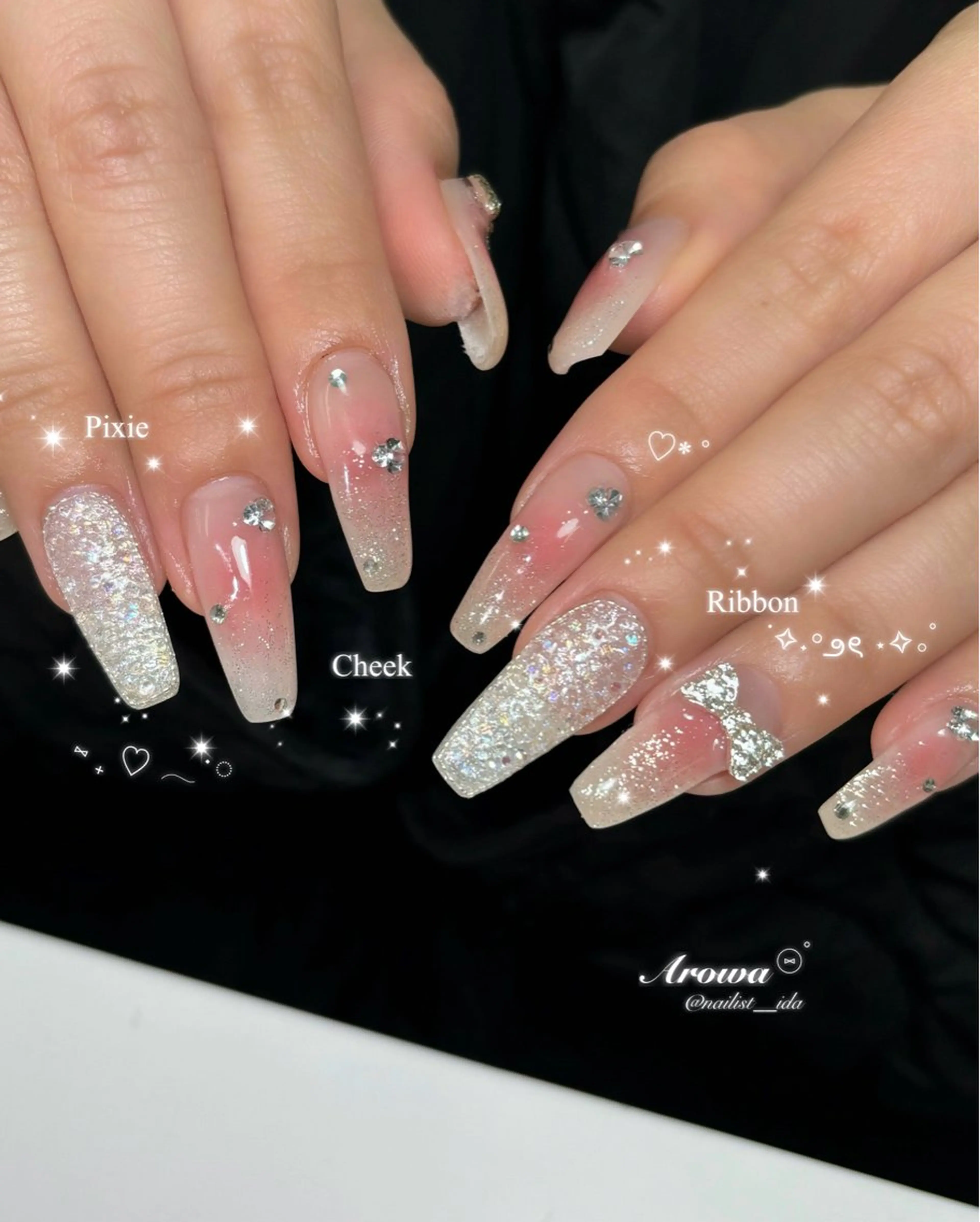 ネイル チークネイル リボン ハンドネイル Arowa 伊田のネイルデザイン
