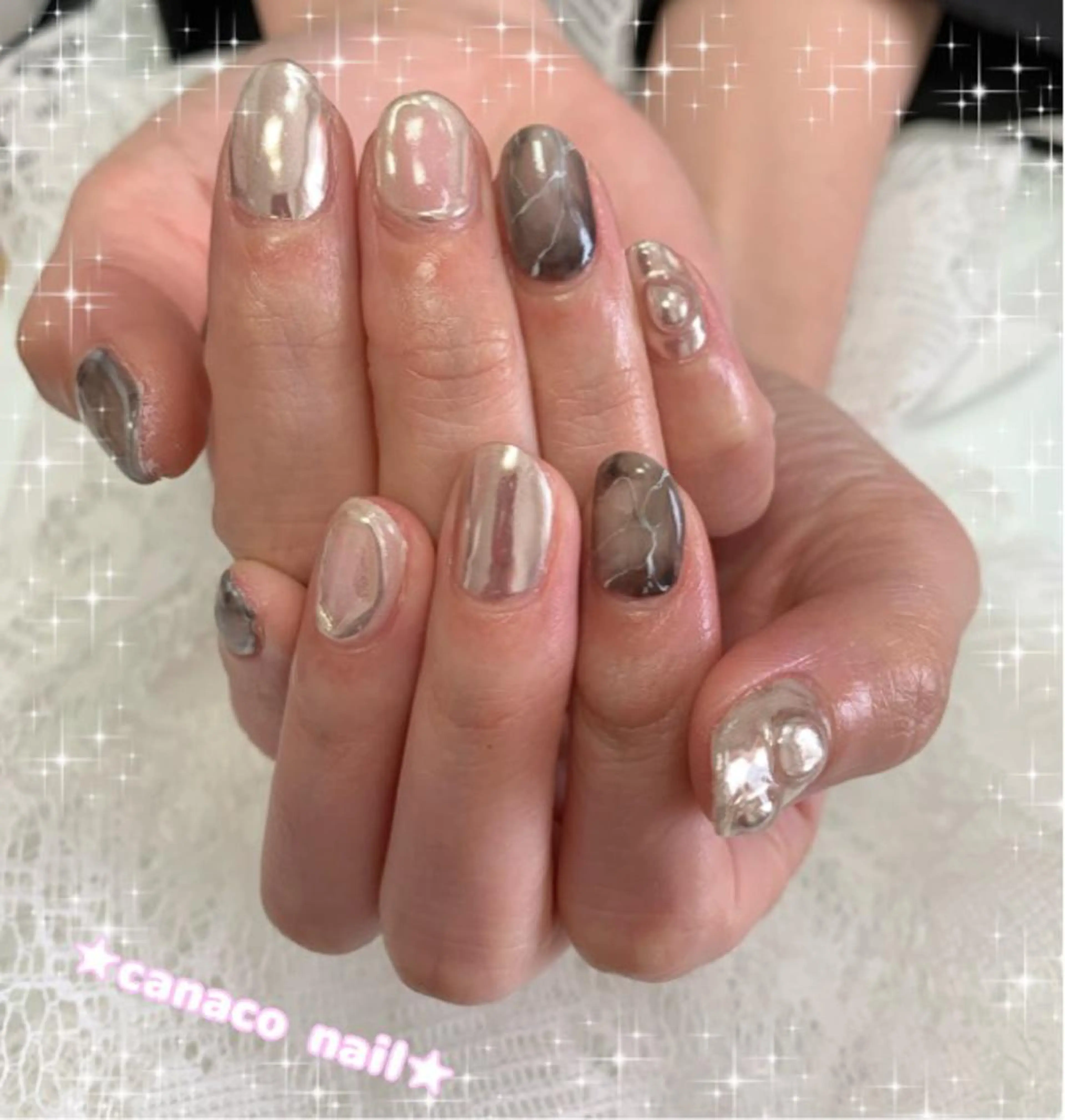 ネイル 大理石ネイル(マーブル) ミラーネイル ハンドネイル ハンドケア ベテランネイル cnc nailのネイルデザイン