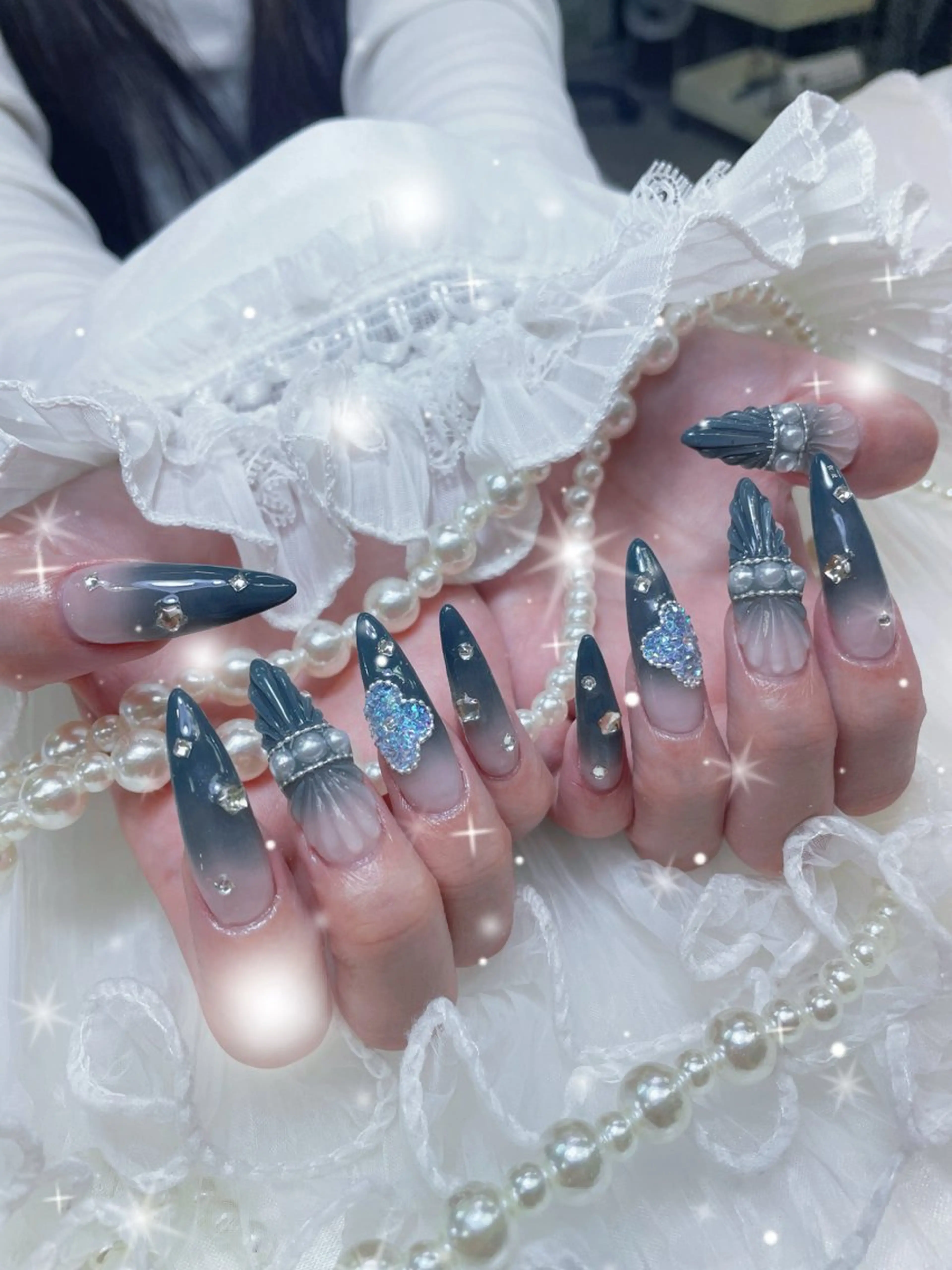 ネイル クリアネイル ロングネイル マグネットネイル 大理石ネイル(マーブル) 春ネイル princess👑 木戸　唯のネイルデザイン