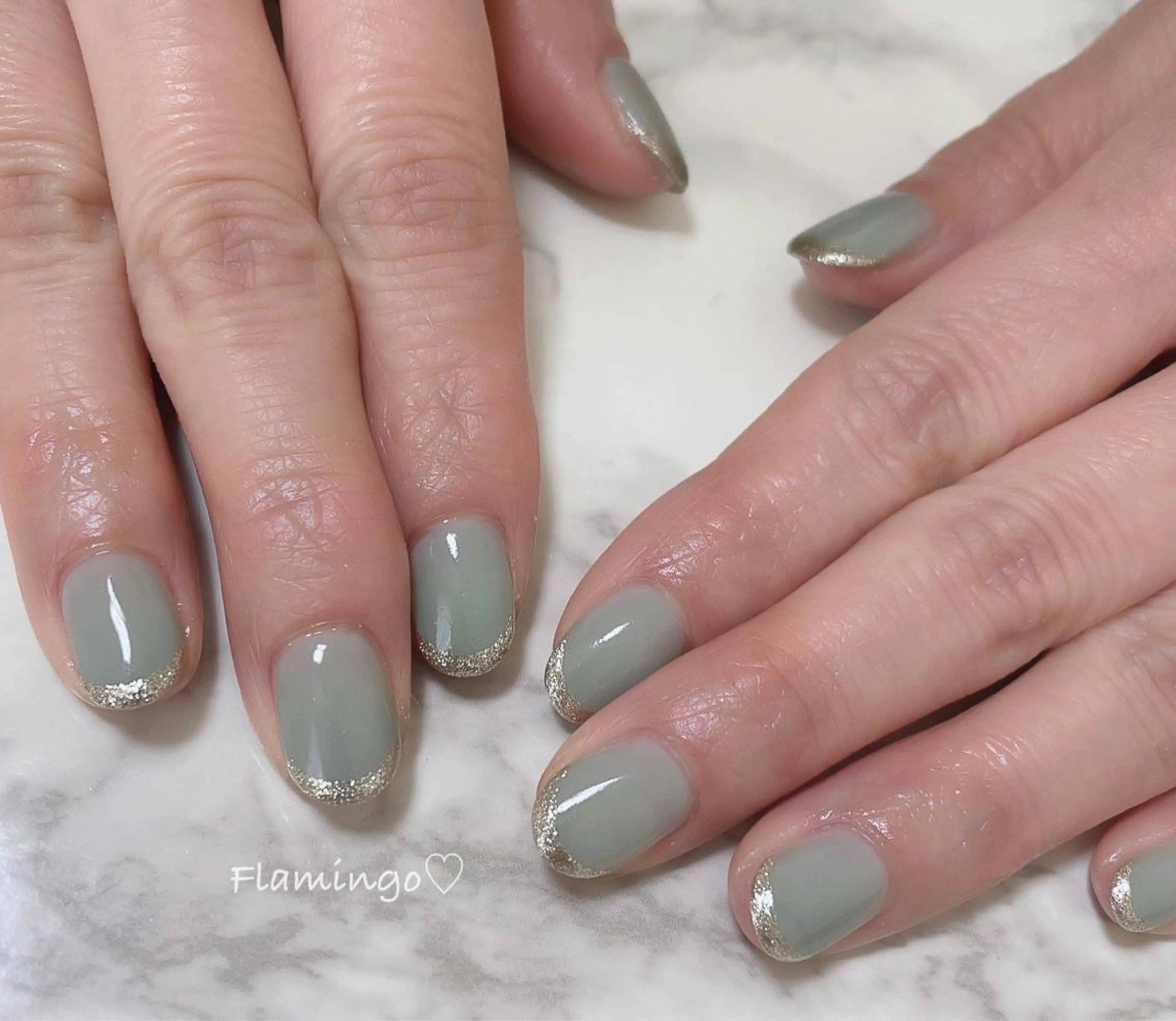 ネイル フレンチネイル ジェルネイル グリーン シンプルネイル 春ネイル フィルイン／自爪育成 ／爪に優しい施術のネイルデザイン