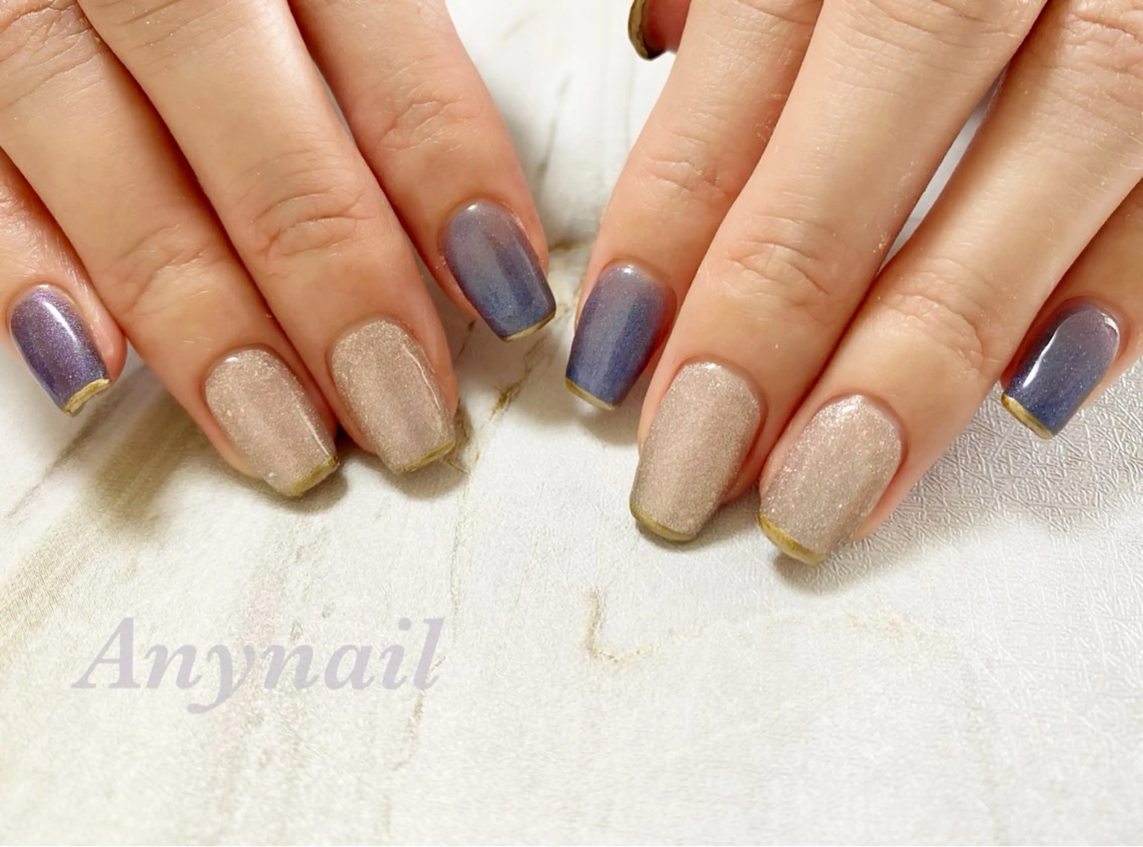 ネイル ブルー フレンチネイル ゴールド マグネットネイル ショートネイル 岩澤 恵子のネイルデザイン