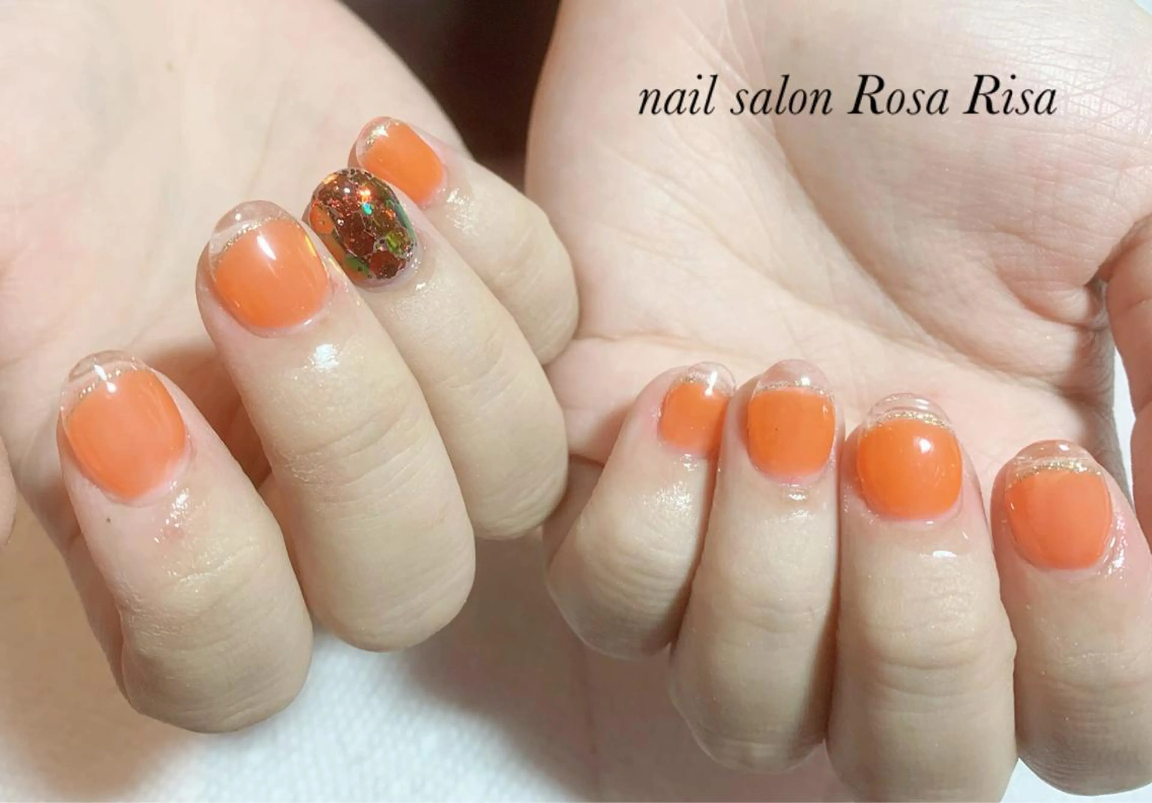 ショート ネイル クリアネイル フレンチネイル オレンジ ネイルスタジオ シェイクユアハンズのネイルデザイン