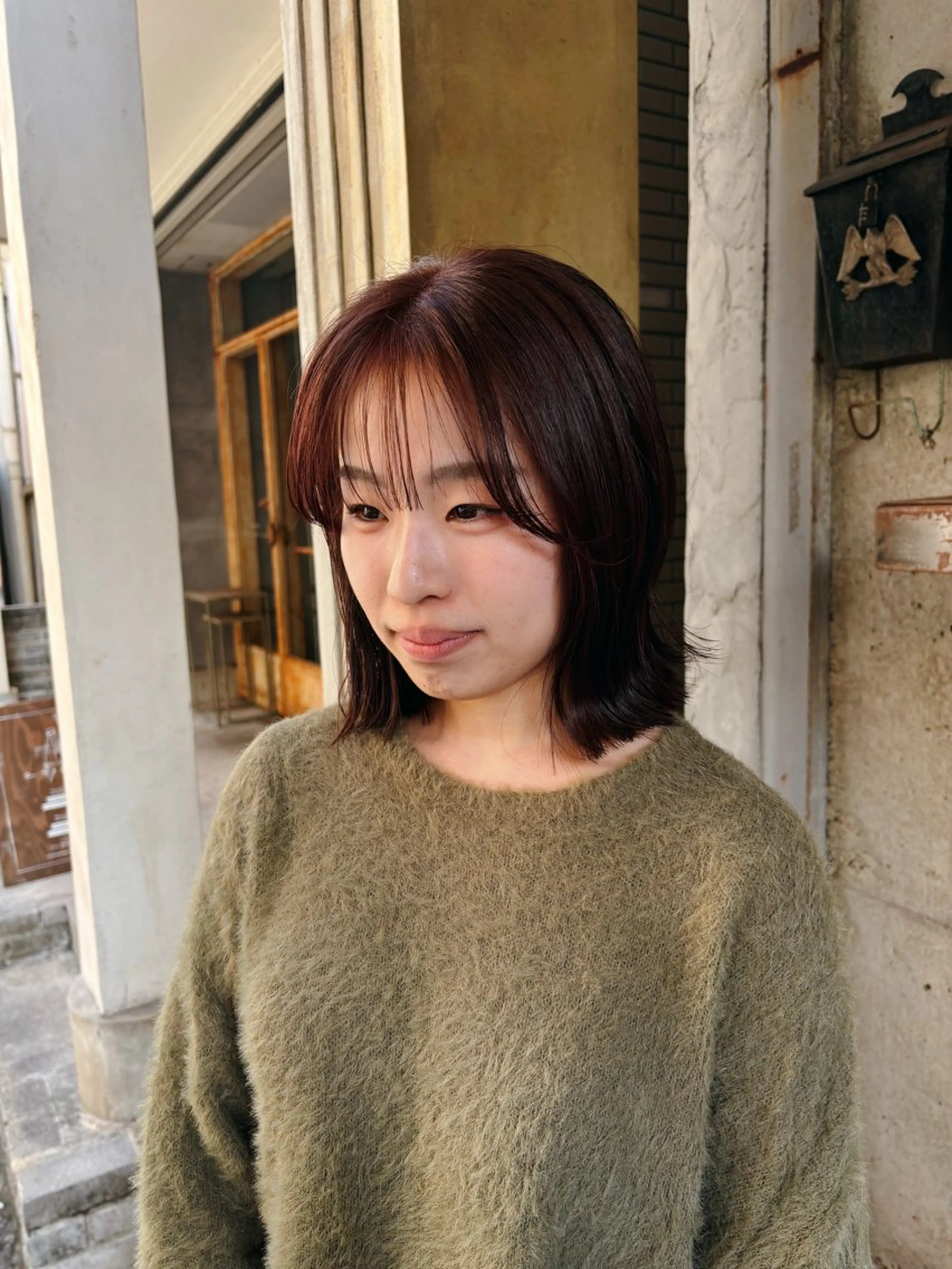 ミディアム カラー ブラウンカラー ピンクカラー ピンクブラウン カット ヘアカラー トリートメント 水原波津輝/ボブ /ニュアンスパーマのヘアスタイル