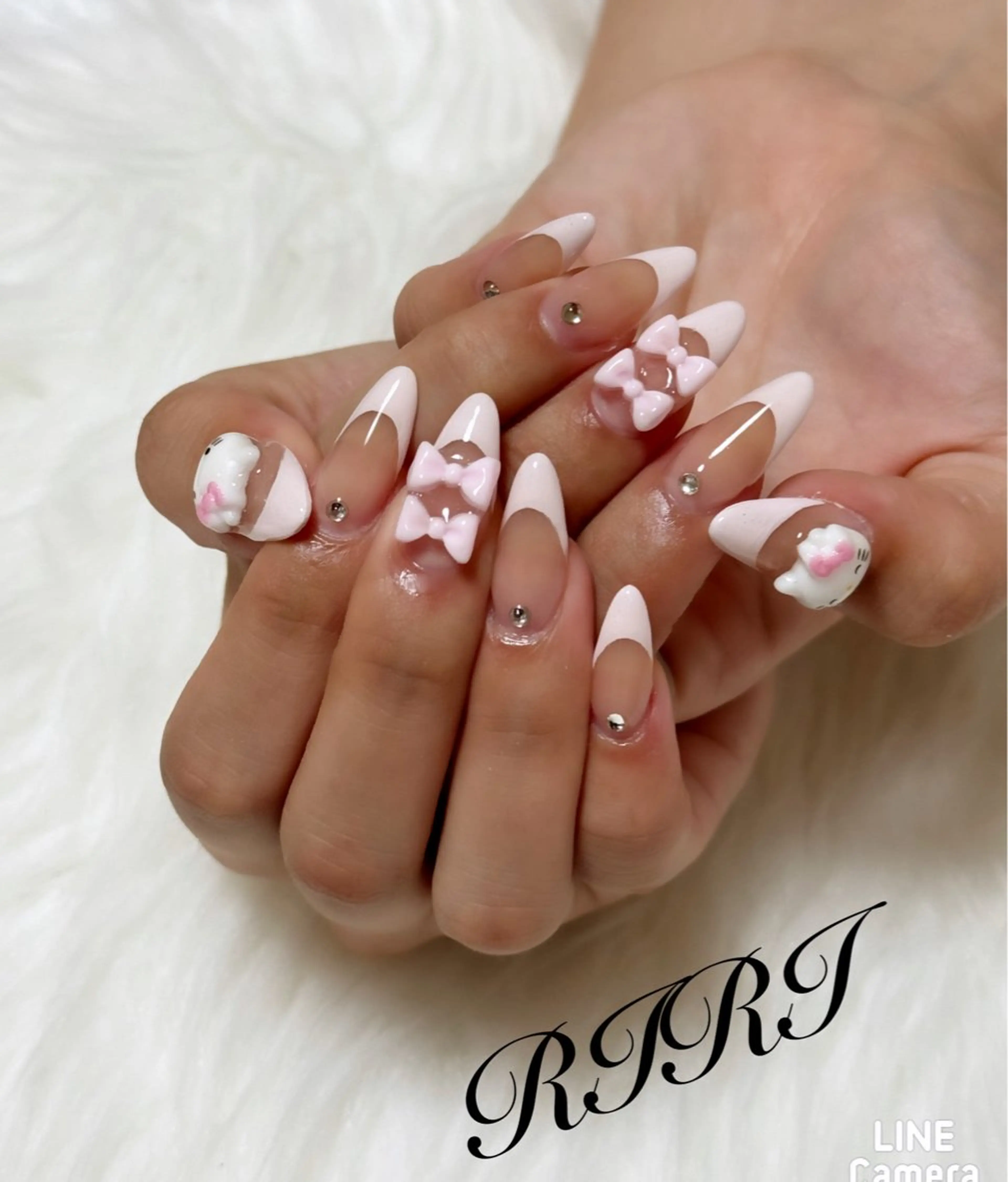ネイル フレンチネイル ジェルネイル ロングネイル ピンク リボン ハンドネイル riri オーナーのネイルデザイン