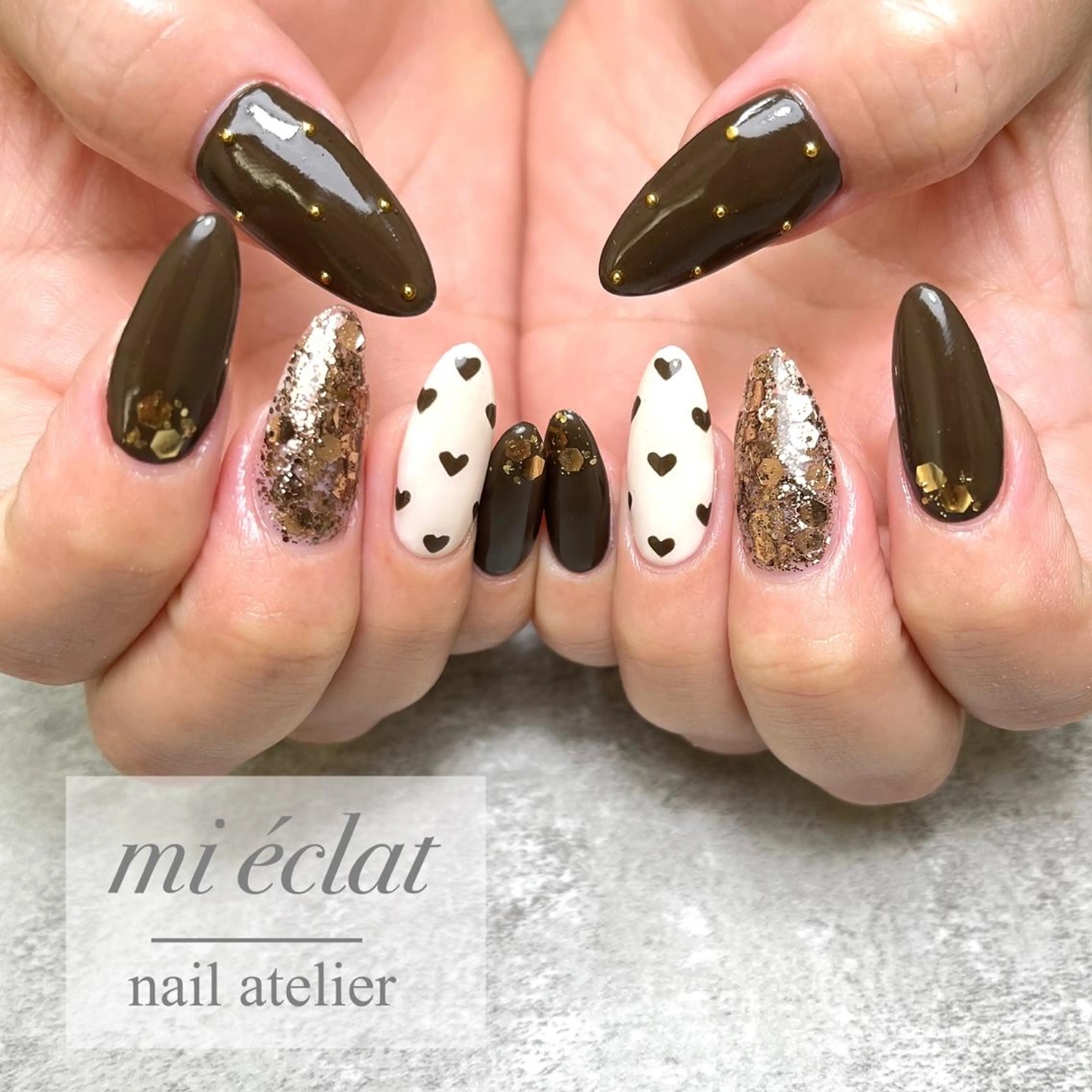 ネイル アートネイル ブラウン 桜ネイル フレンチネイル ジェルネイル mi éclat ミ　エクラのネイルデザイン