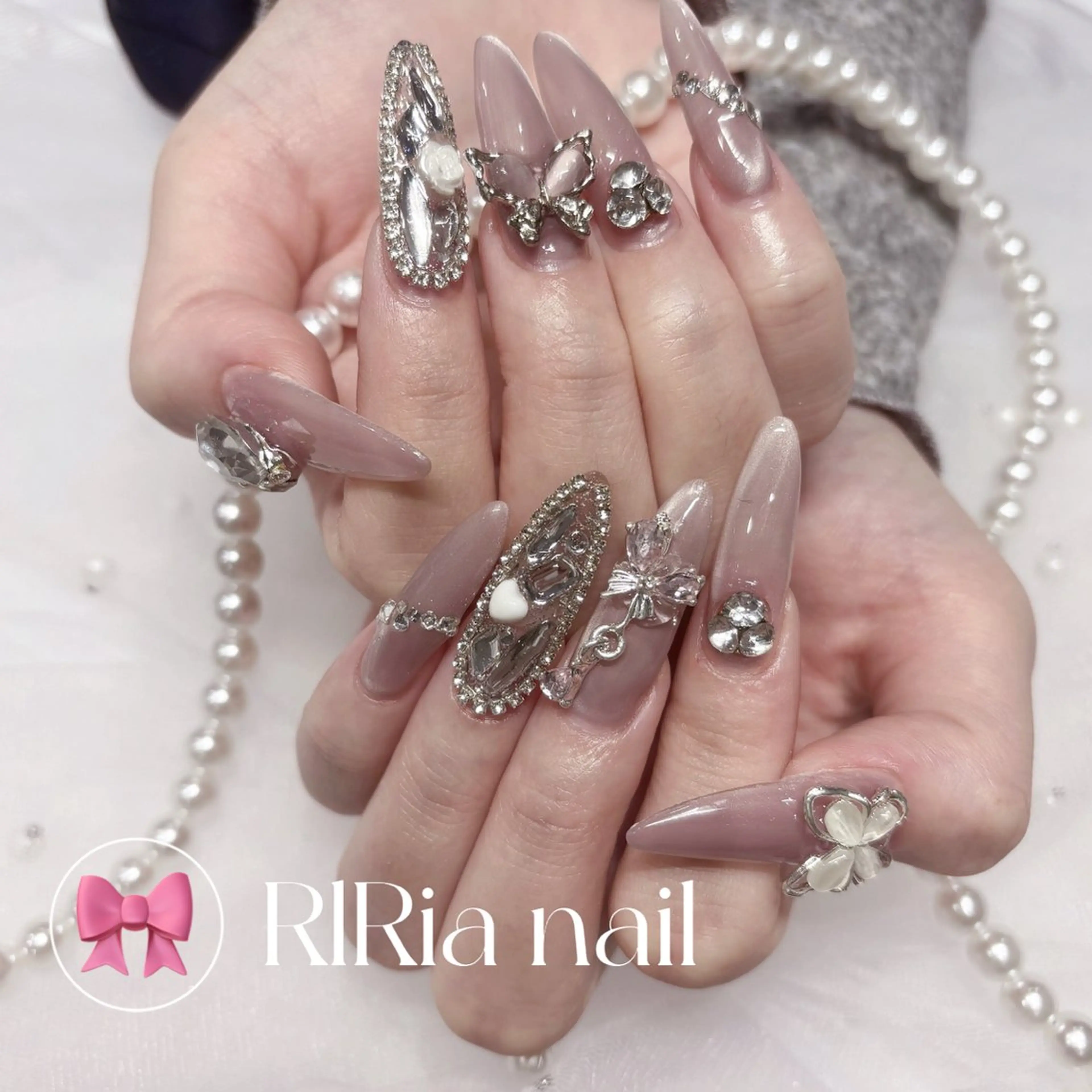 ネイル ピンク パープル シルバー ストーンネイル ハンドネイル 🎀RIRia nail🎀のネイルデザイン