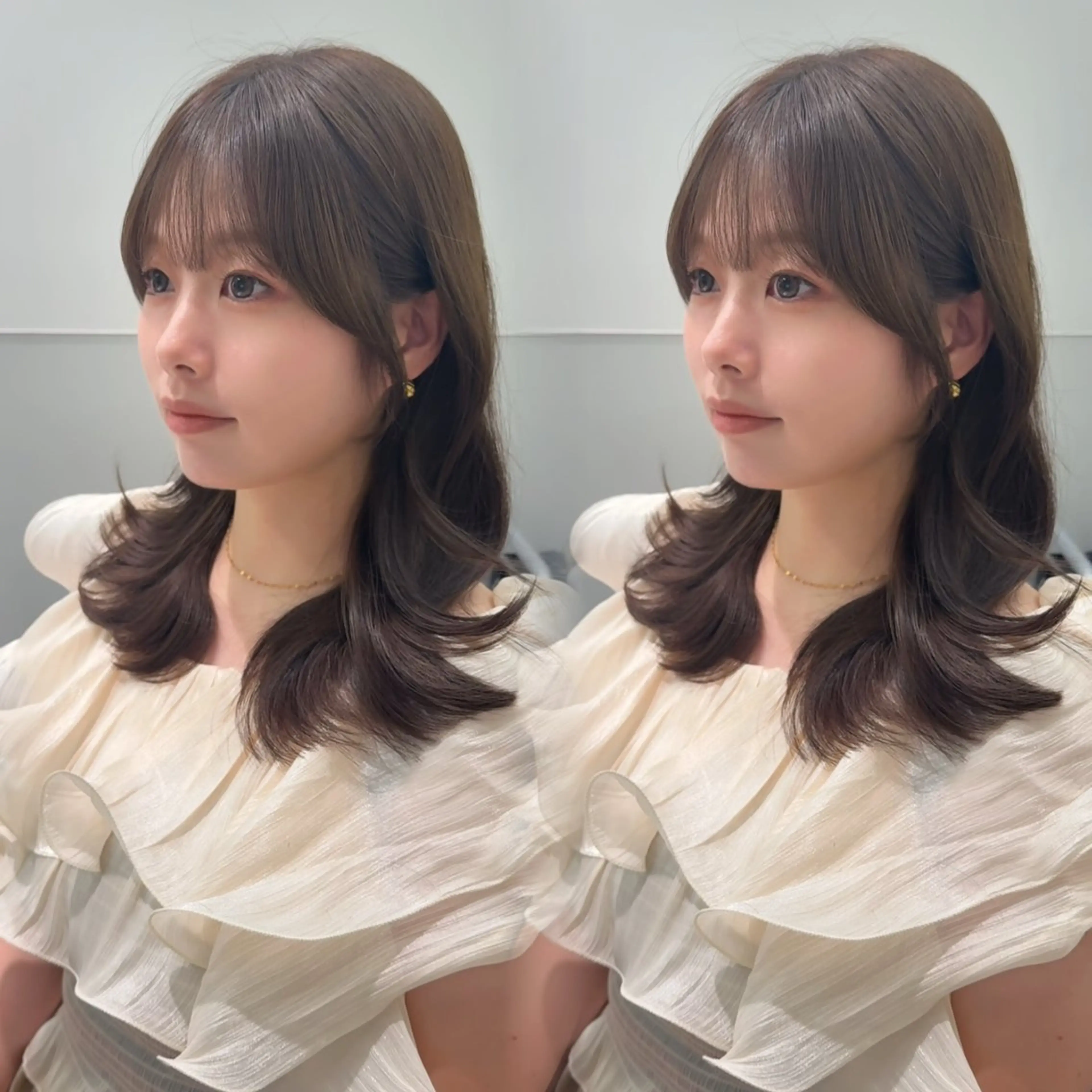 セミロング カラー ベージュカラー ブリーチ 透明感カラー ブリーチなしカラー オリーブベージュ カット ヘアカラー 四宮 ユウカのヘアスタイル