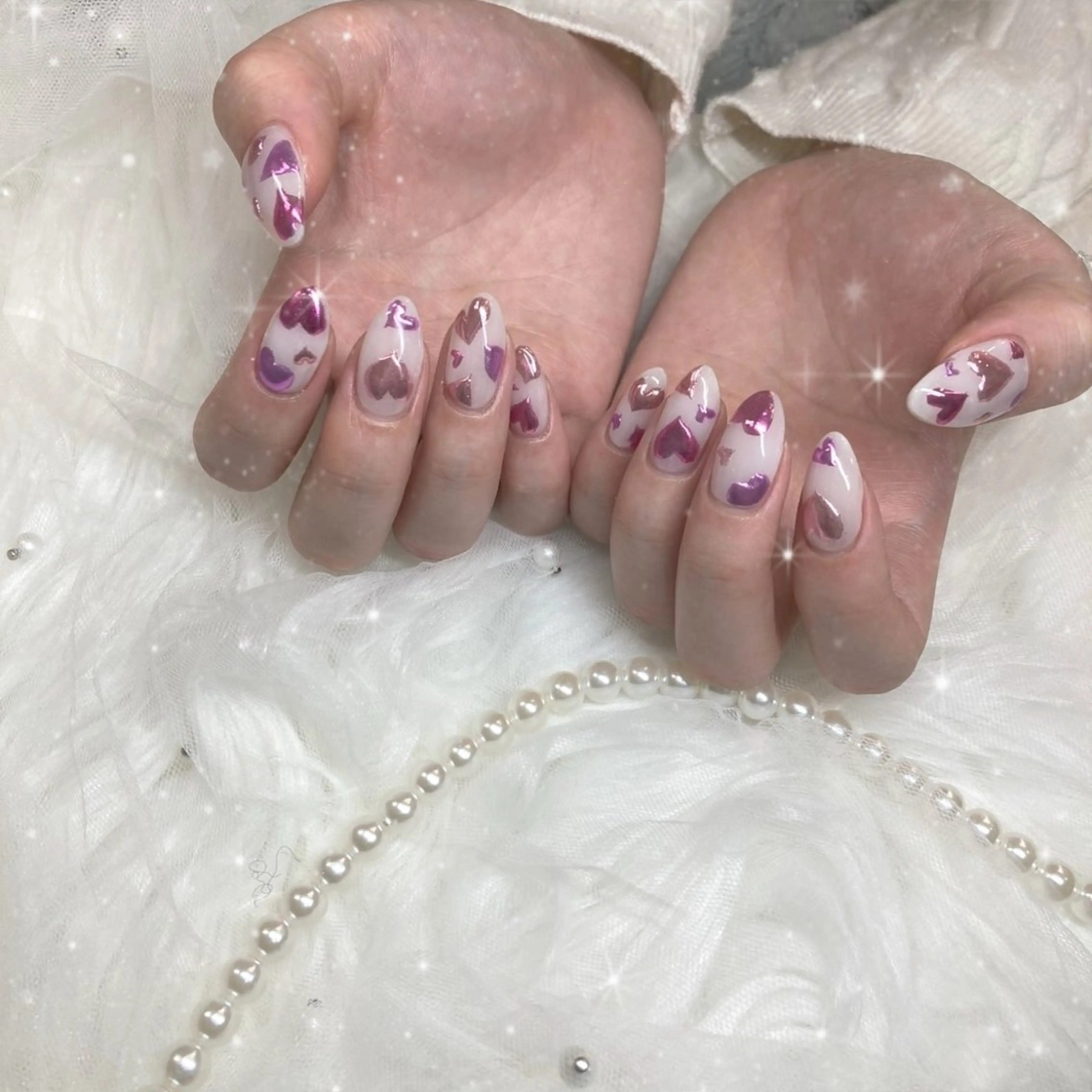 ネイル ハート ミラーネイル ハンドネイル Blue daisy RIN🎀のネイルデザイン