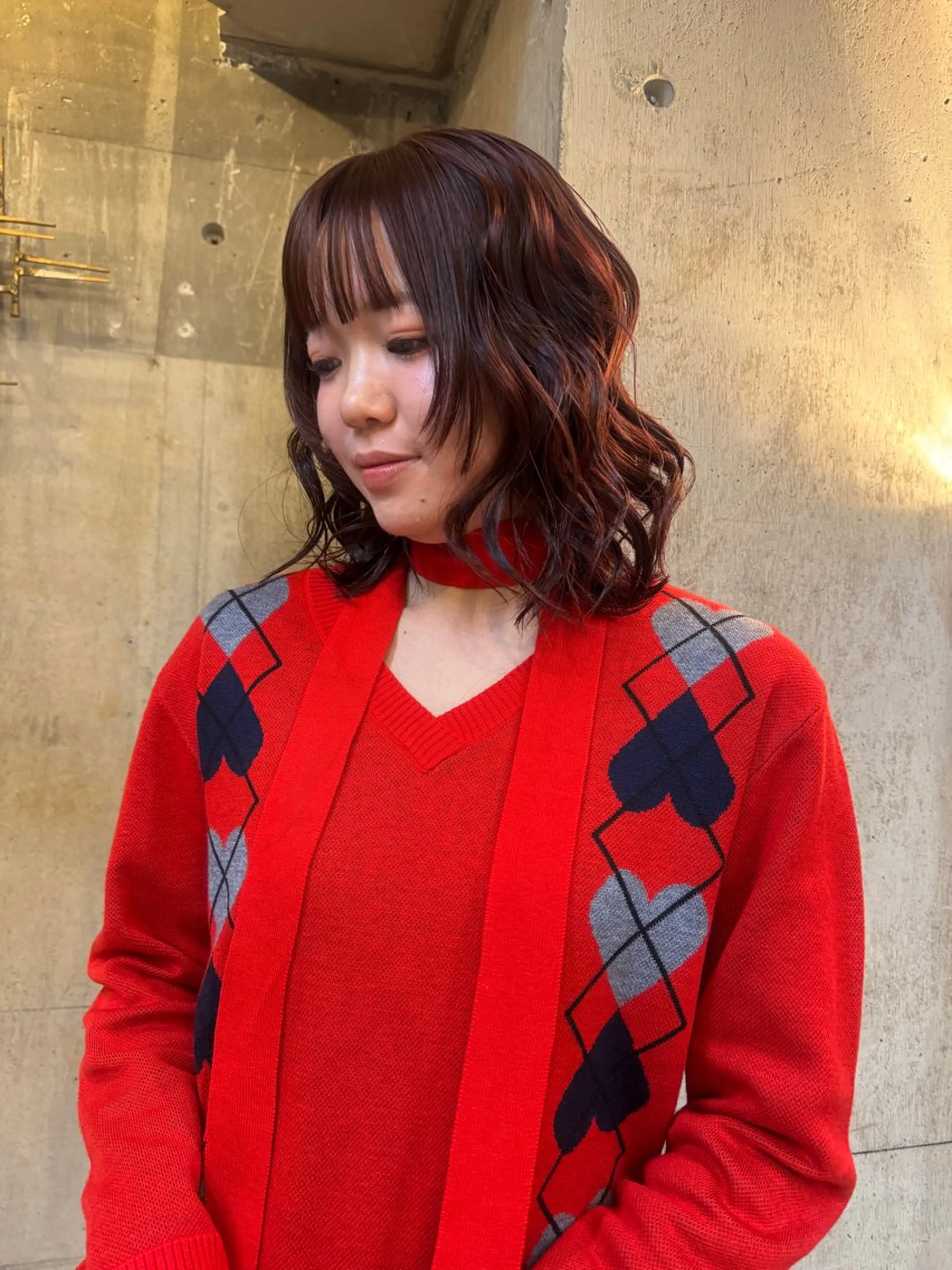 ミディアム カラー パーマ ミディアムパーマ オレンジ カット ヘアカラー パーマ 🍈yurina 福岡/パーマ🍈のヘアスタイル