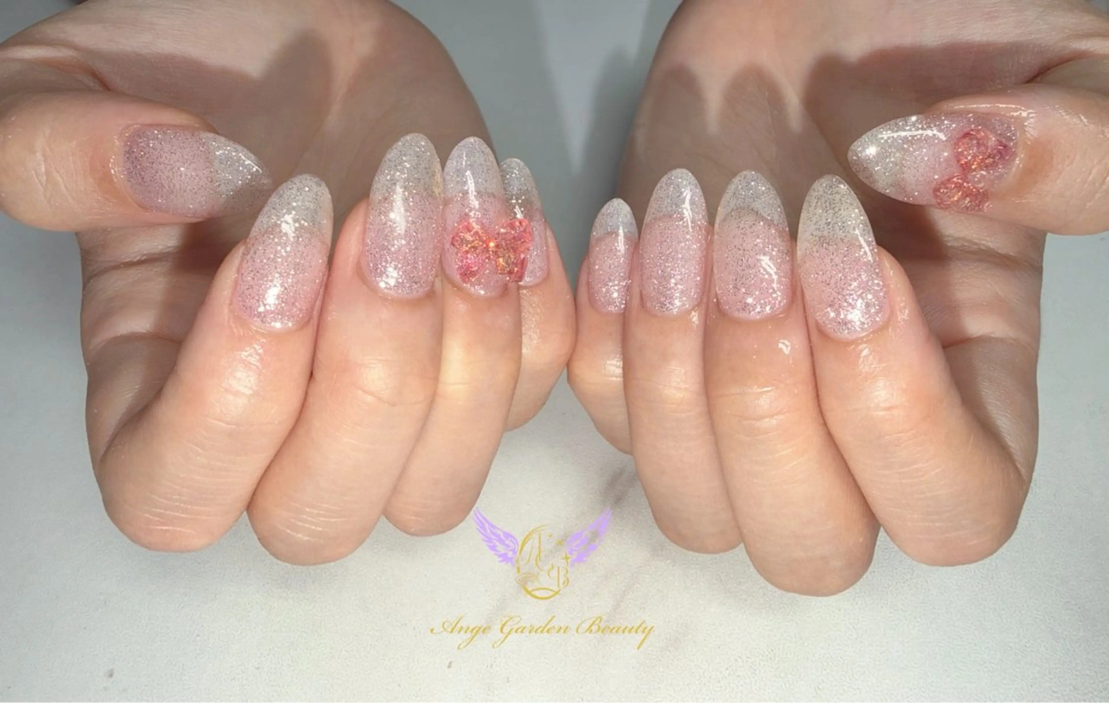 ネイル クリアネイル フラッシュネイル ワンカラーネイル リボン ハンドネイル AngeGarden Beautymihoのネイルデザイン