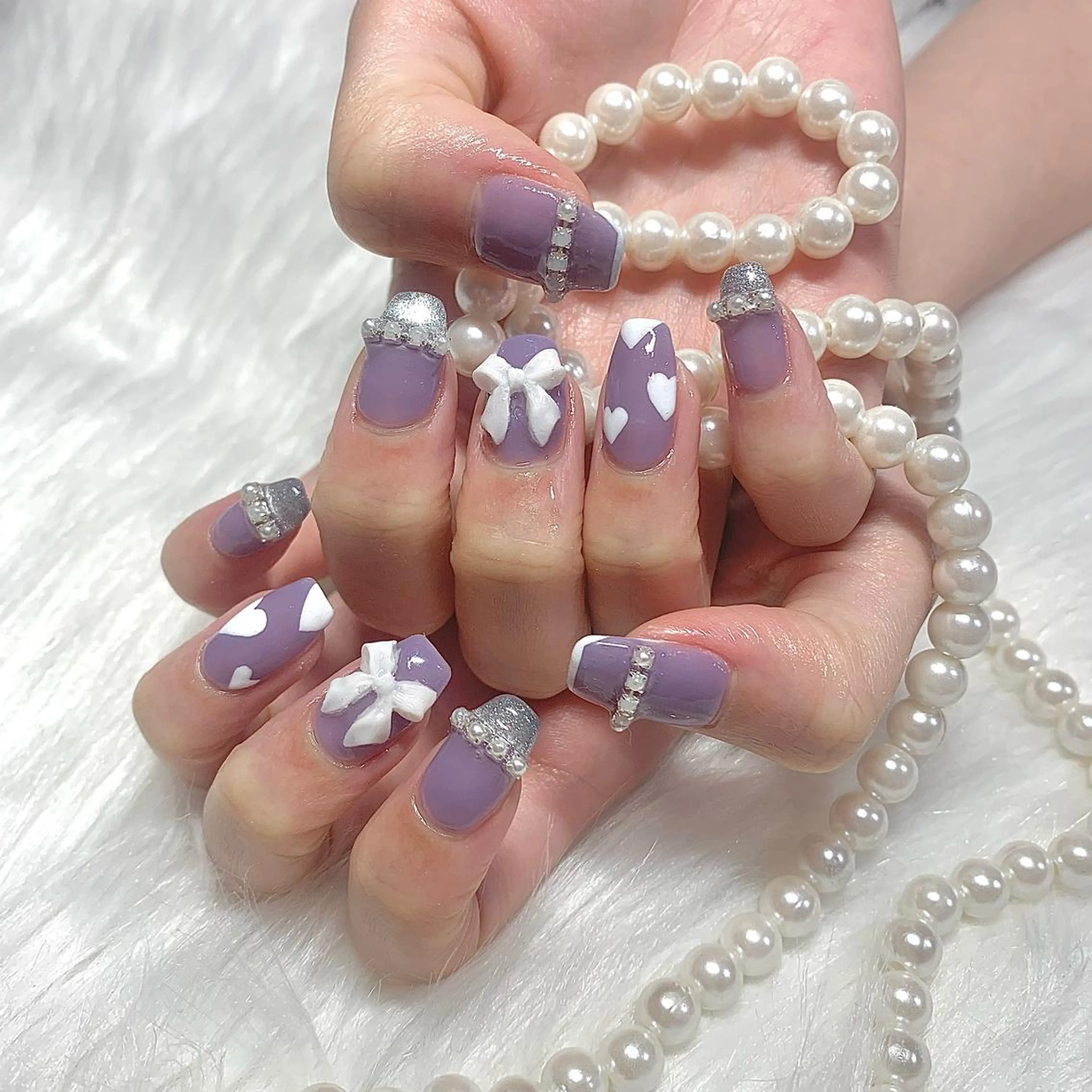 ネイル ハート 韓国ネイル パープル リボン ワンホンネイル élu by Noriko 前原のネイルデザイン