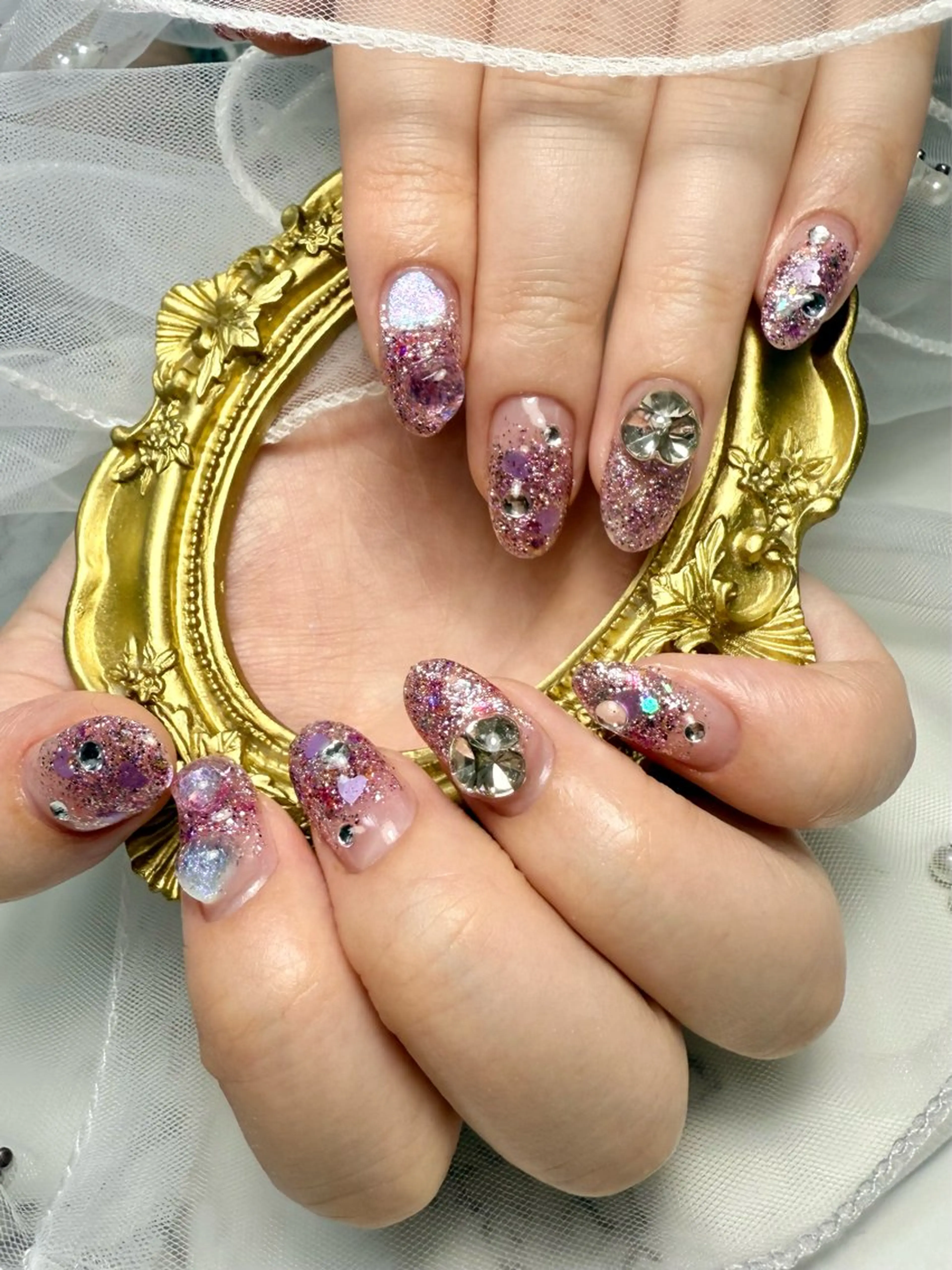 ネイル アートネイル チークネイル 氷ネイル・うるうるネイル キラキラネイル ラメ(グリッター) M.N_ nailのネイルデザイン