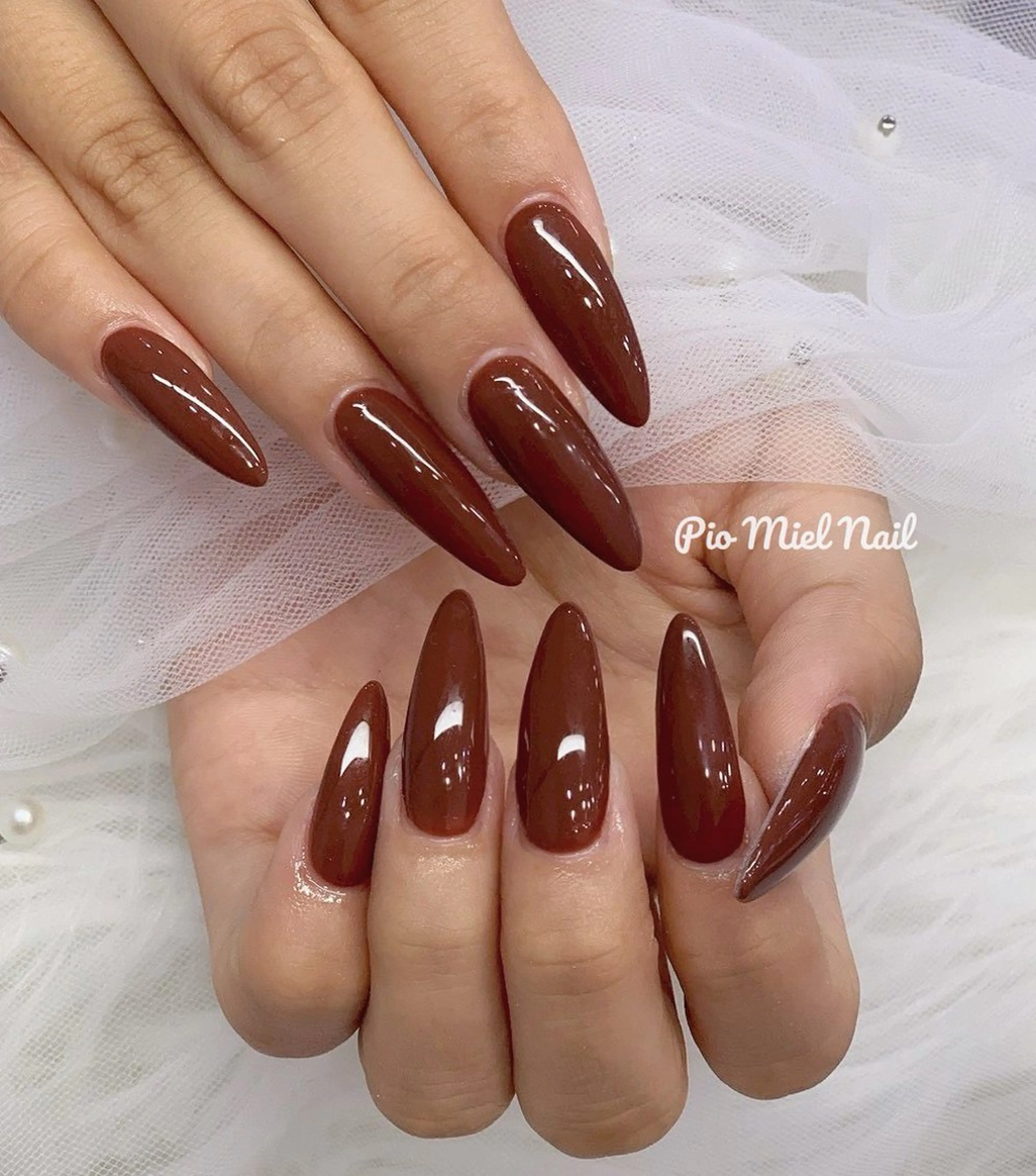 ネイル ブラウン ジェルネイル オフィスネイル ワンカラーネイル パラジェル ハンドネイル HANA 長さだしのネイルデザイン