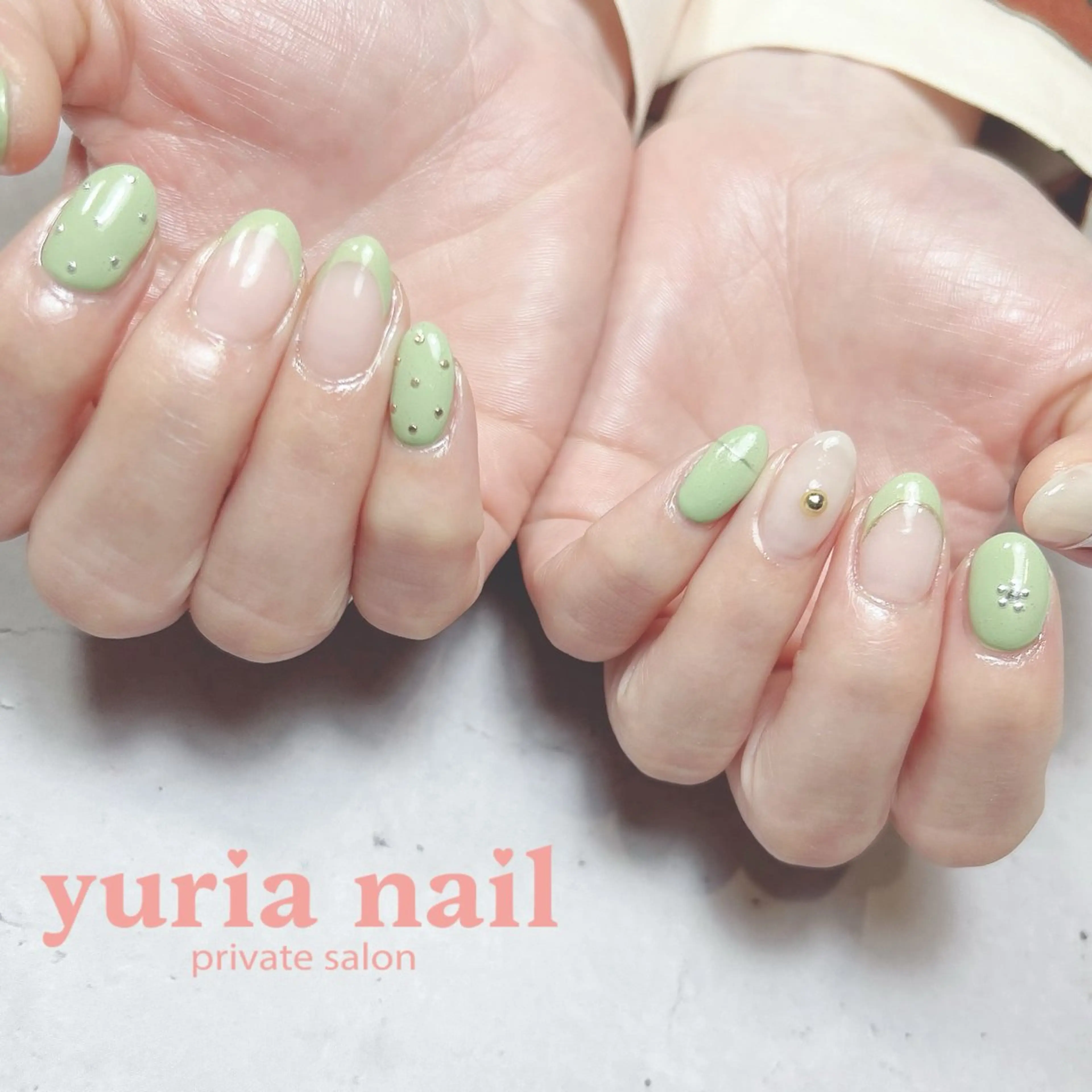 ネイル アートネイル フレンチネイル ジェルネイル グリーン ピスタチオネイル ハンドネイル 小林 ゆりあのネイルデザイン