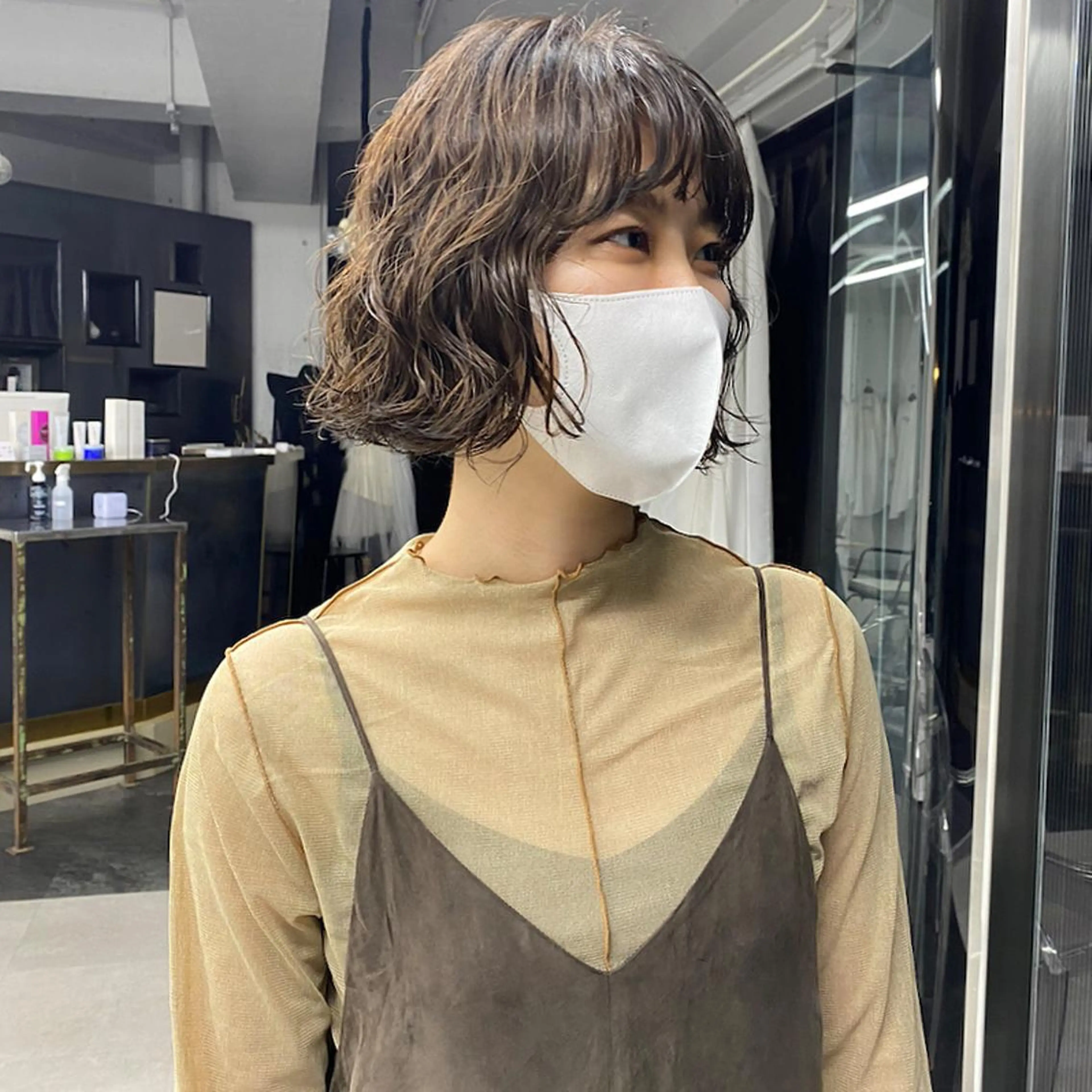 ミディアム カラー パーマ ミディアムパーマ ボブ 大石 沙季のヘアスタイル