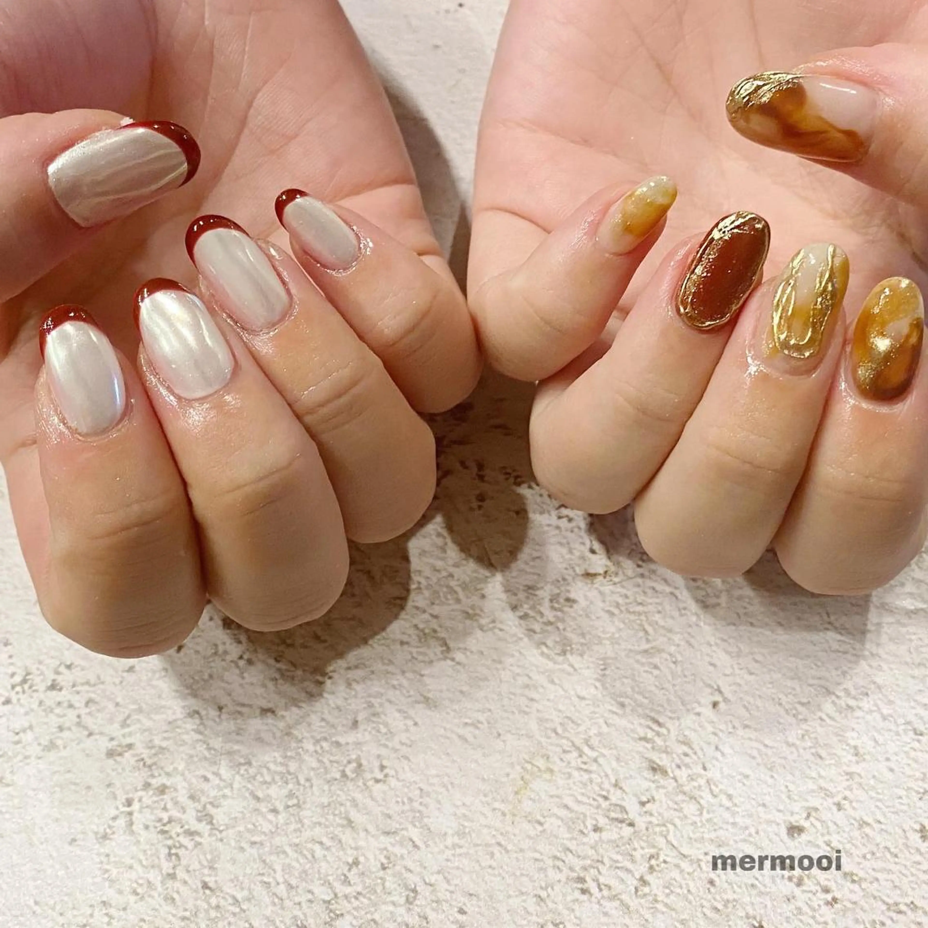 ネイル べっ甲ネイル フレンチネイル 韓国ネイル ミラーネイル ニュアンスネイル ハンドネイル melumooi nailのネイルデザイン