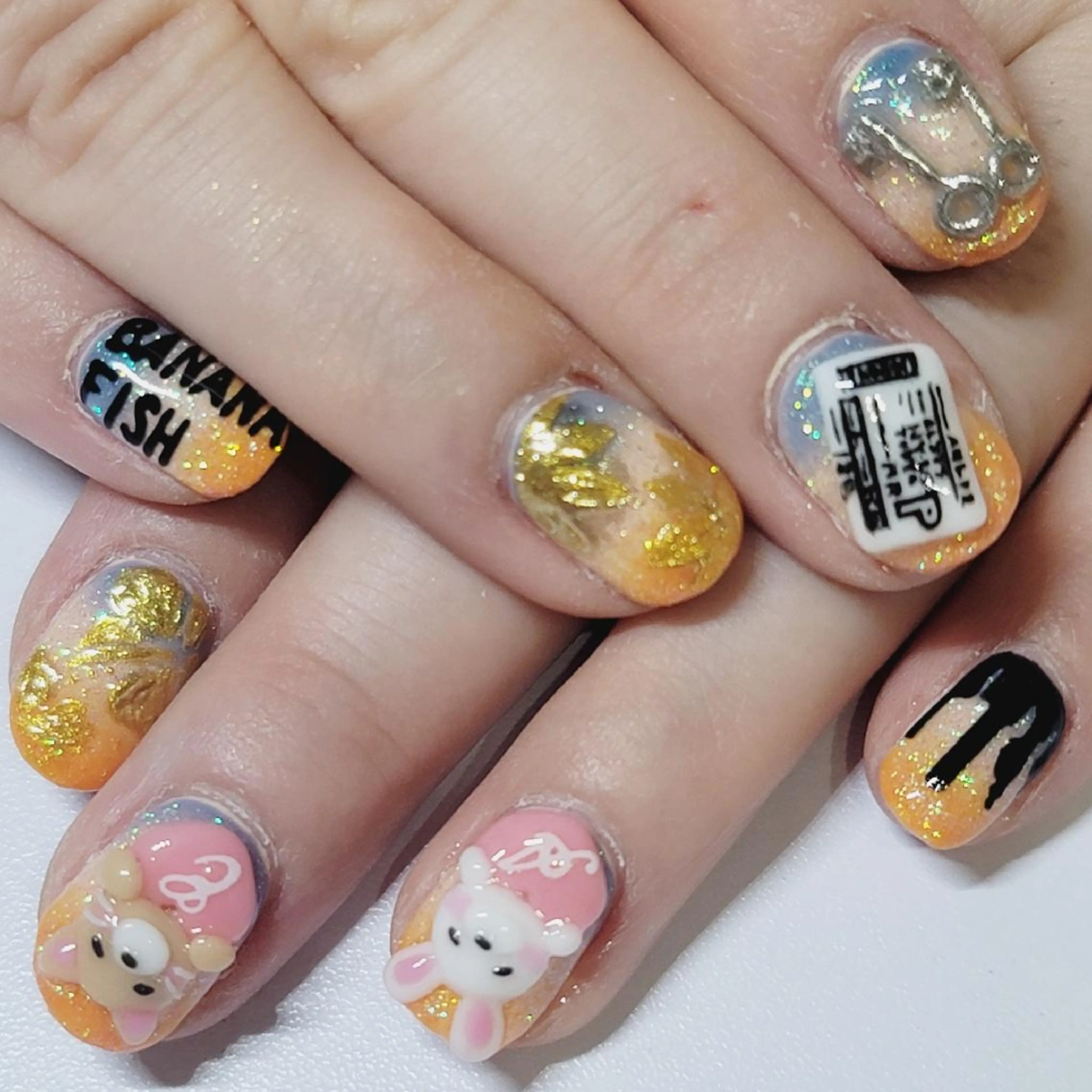 ネイル アートネイル ブルー グラデーション ラメ(グリッター) オレンジ ハンドネイル よしだ ひろきのネイルデザイン