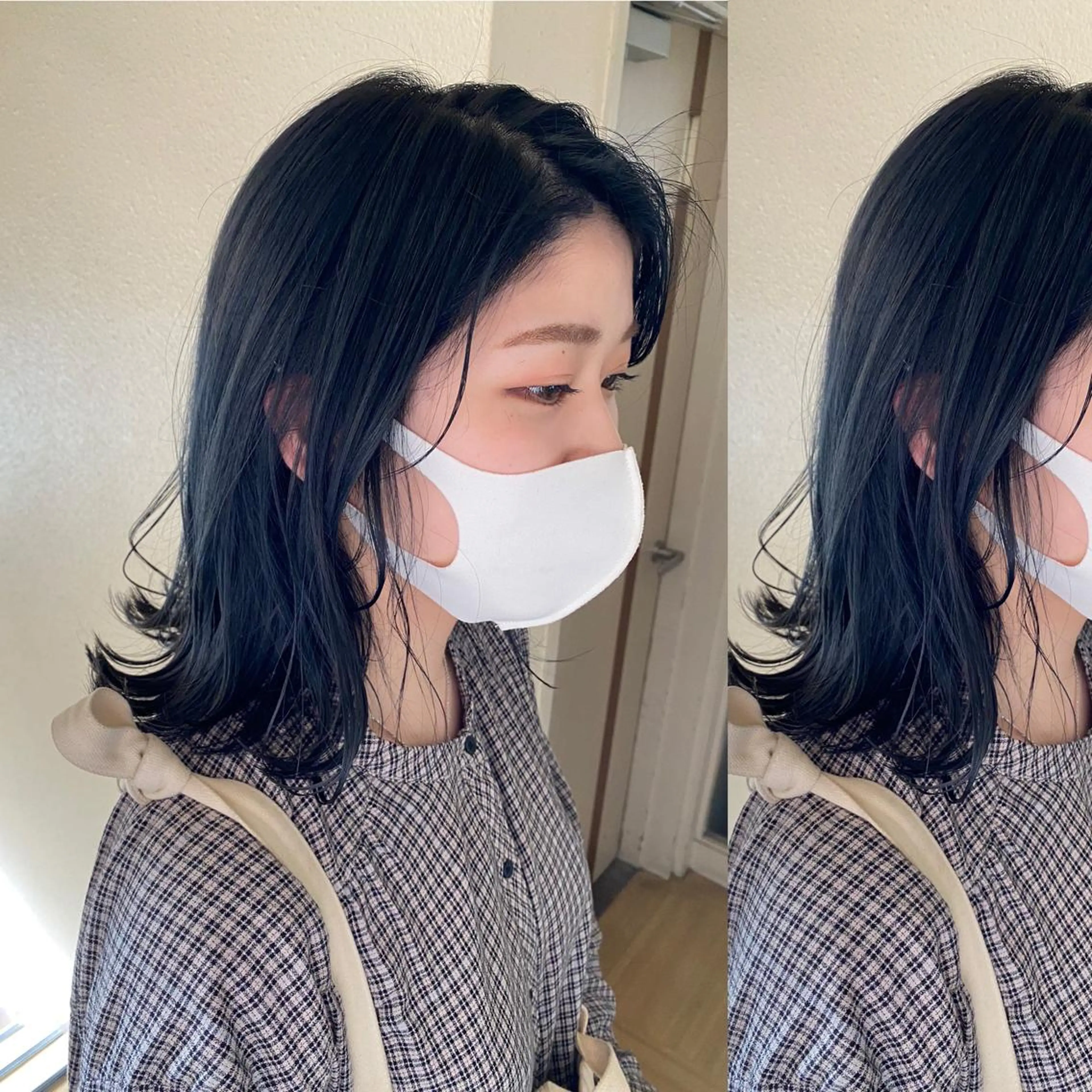 ミディアム カラー 黒髪 ブルーカラー ブルーブラック ヘアカラー トリートメント ツキノキ ミナのヘアスタイル