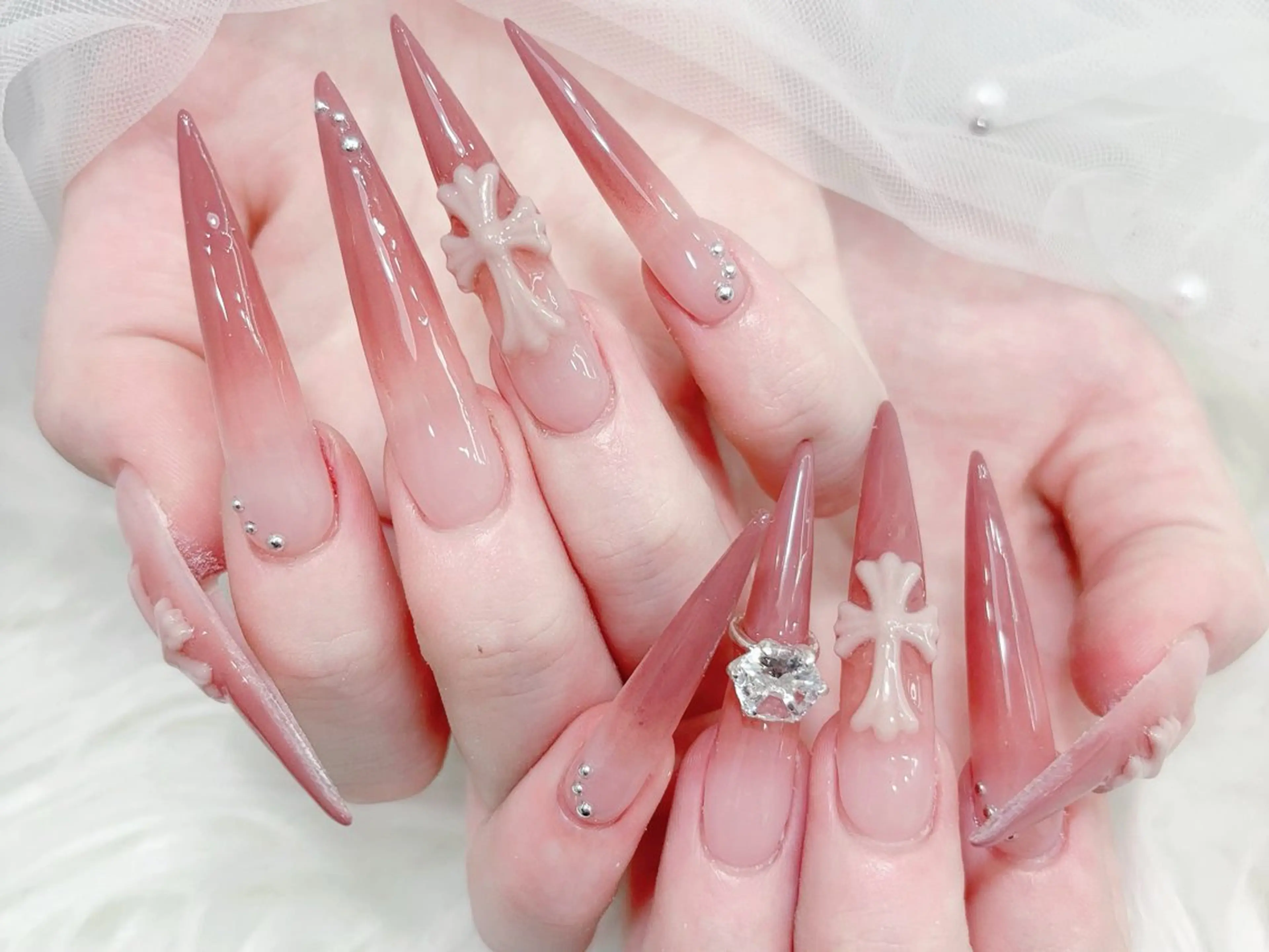 ネイル 成人式 大理石ネイル(マーブル) リボン 夏ネイル ネイルチップ ハンドネイル MoMoA Nail ネイル長さ出し専門店のネイルデザイン