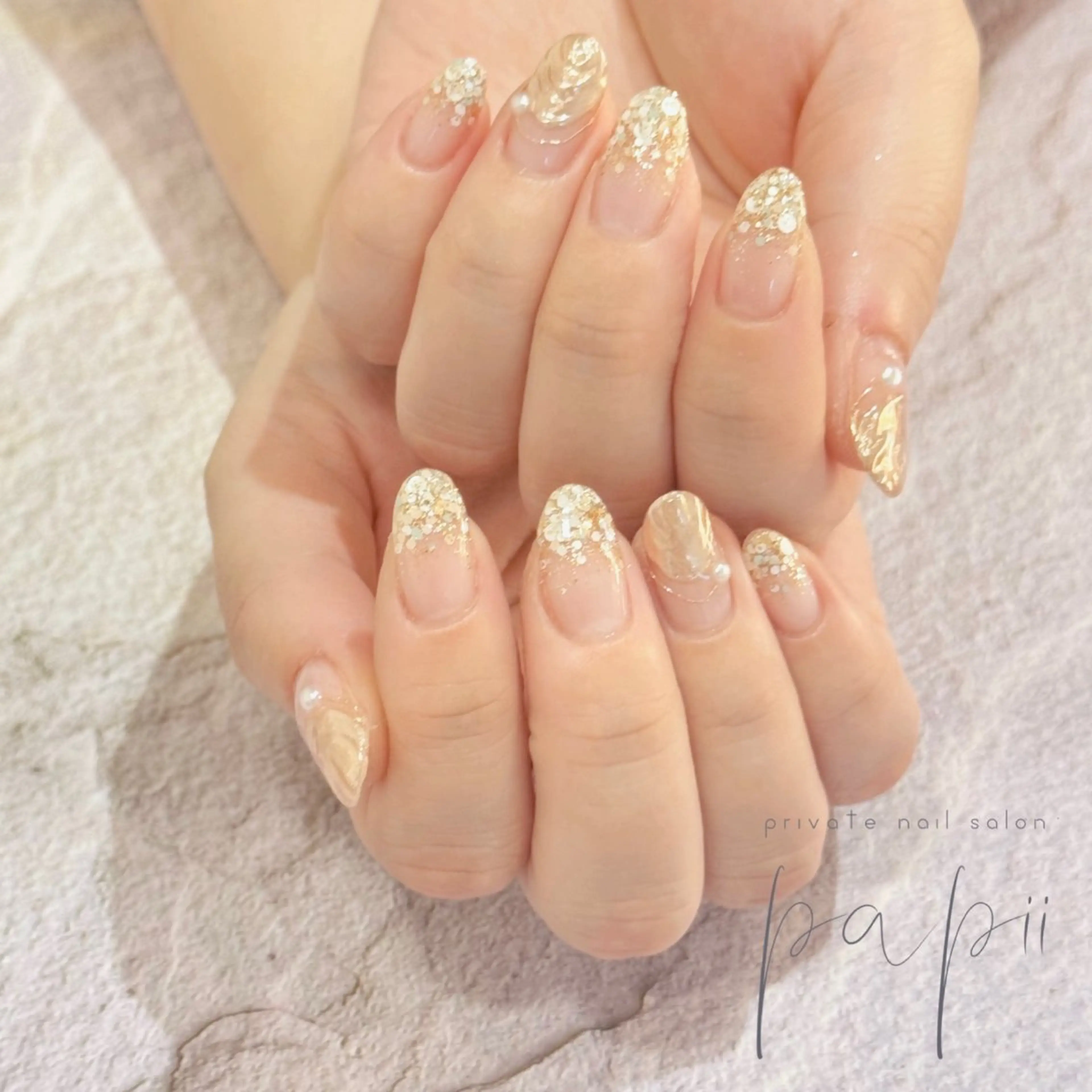 ネイル フレンチネイル ラメ(グリッター) ミラーネイル ニュアンスネイル シンプルネイル ハンドネイル private nail salon papii所属・papii☆ kurodaのネイルデザイン