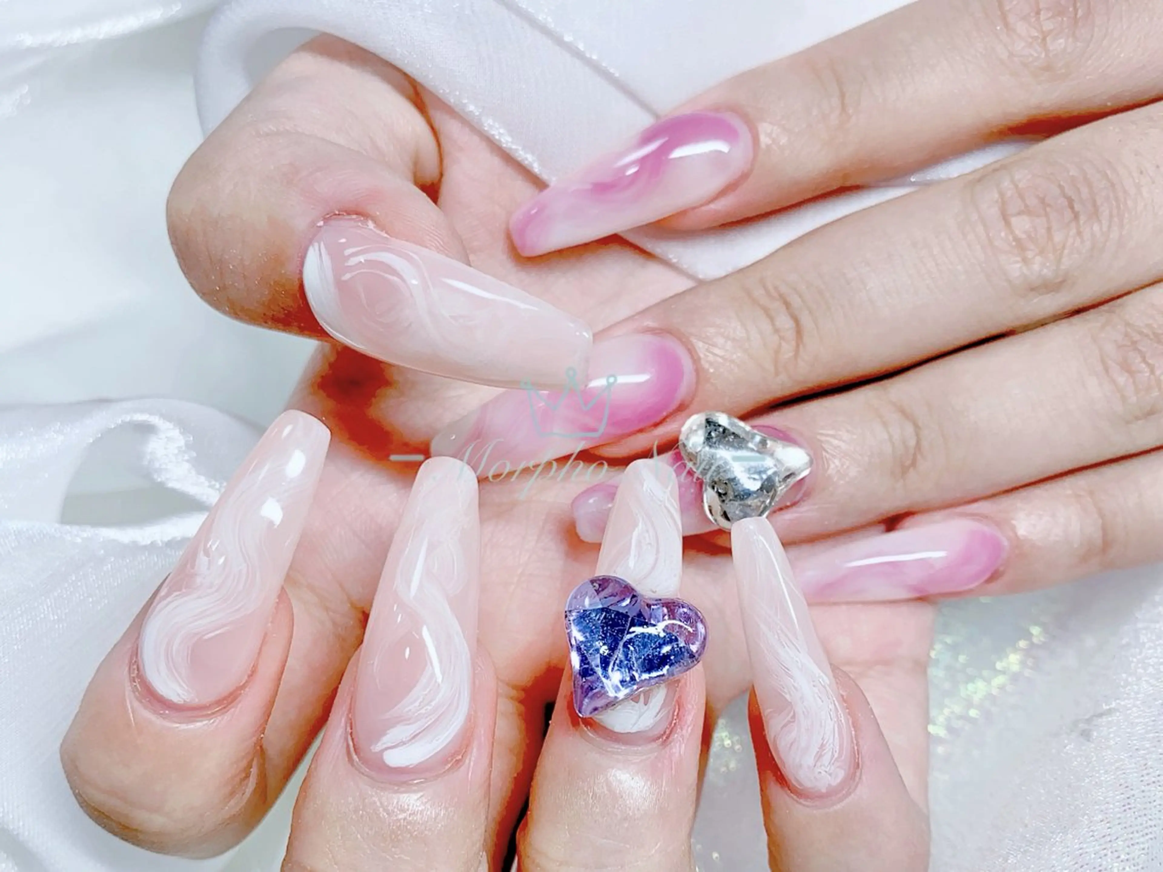 ネイル 長さ出し ジェルネイル キラキラネイル 大理石ネイル(マーブル) ニュアンスネイル ハンドネイル Morpho nailのネイルデザイン