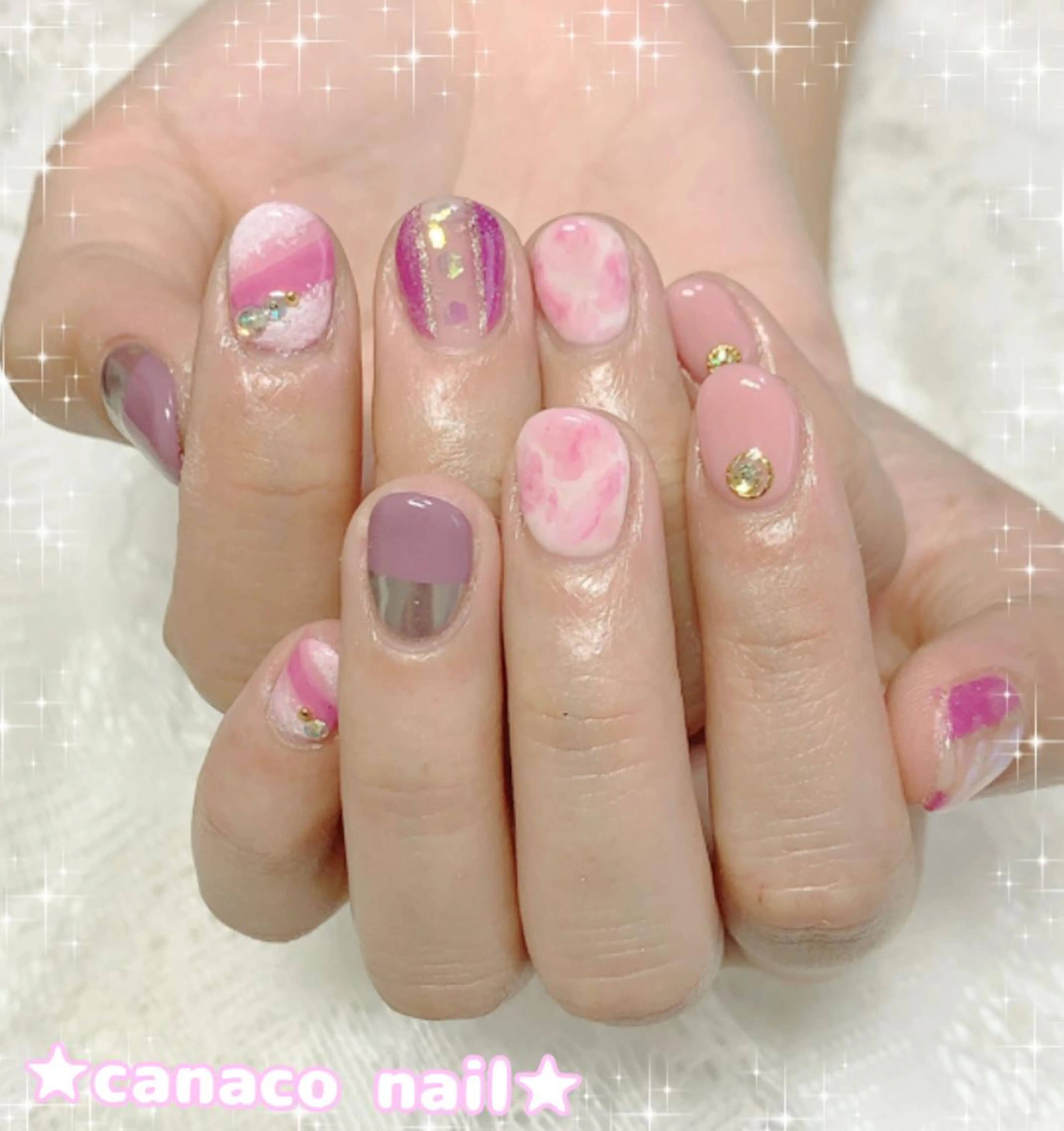 ネイル オーロラネイル ピンク ハンドネイル ハンドケア Felice所属・ベテランネイル cnc nailのネイルデザイン