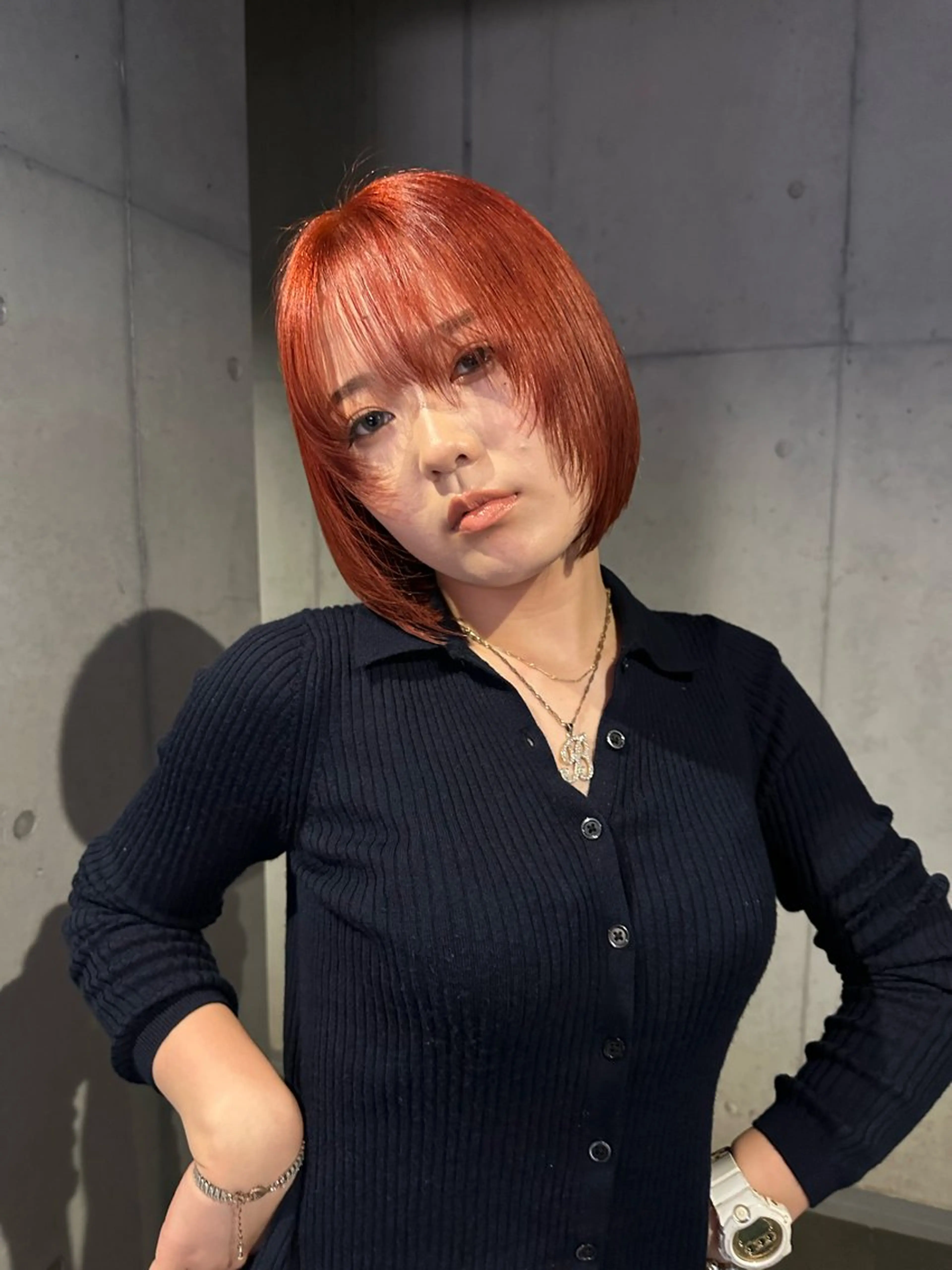 ショート カラー ボブレイヤー オレンジ ボブ 顔まわりレイヤー レイヤーカット カット ヘアカラー トリートメント 似合わせウルフ/ レイヤー/山本祐輔のヘアスタイル
