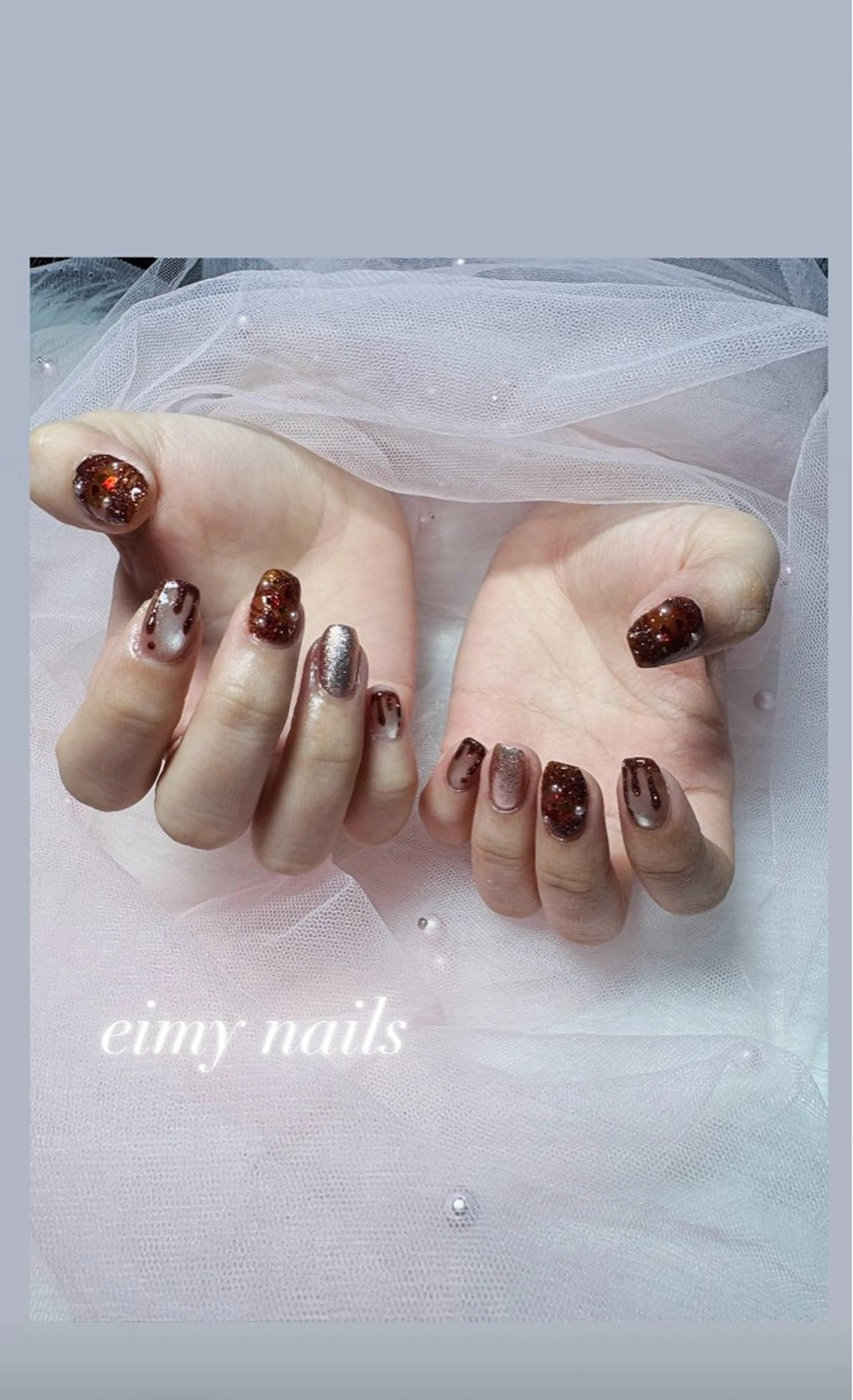 ネイル アートネイル ブラウン フラッシュネイル ハート ラメ(グリッター) ハンドネイル eimy nails♡のネイルデザイン