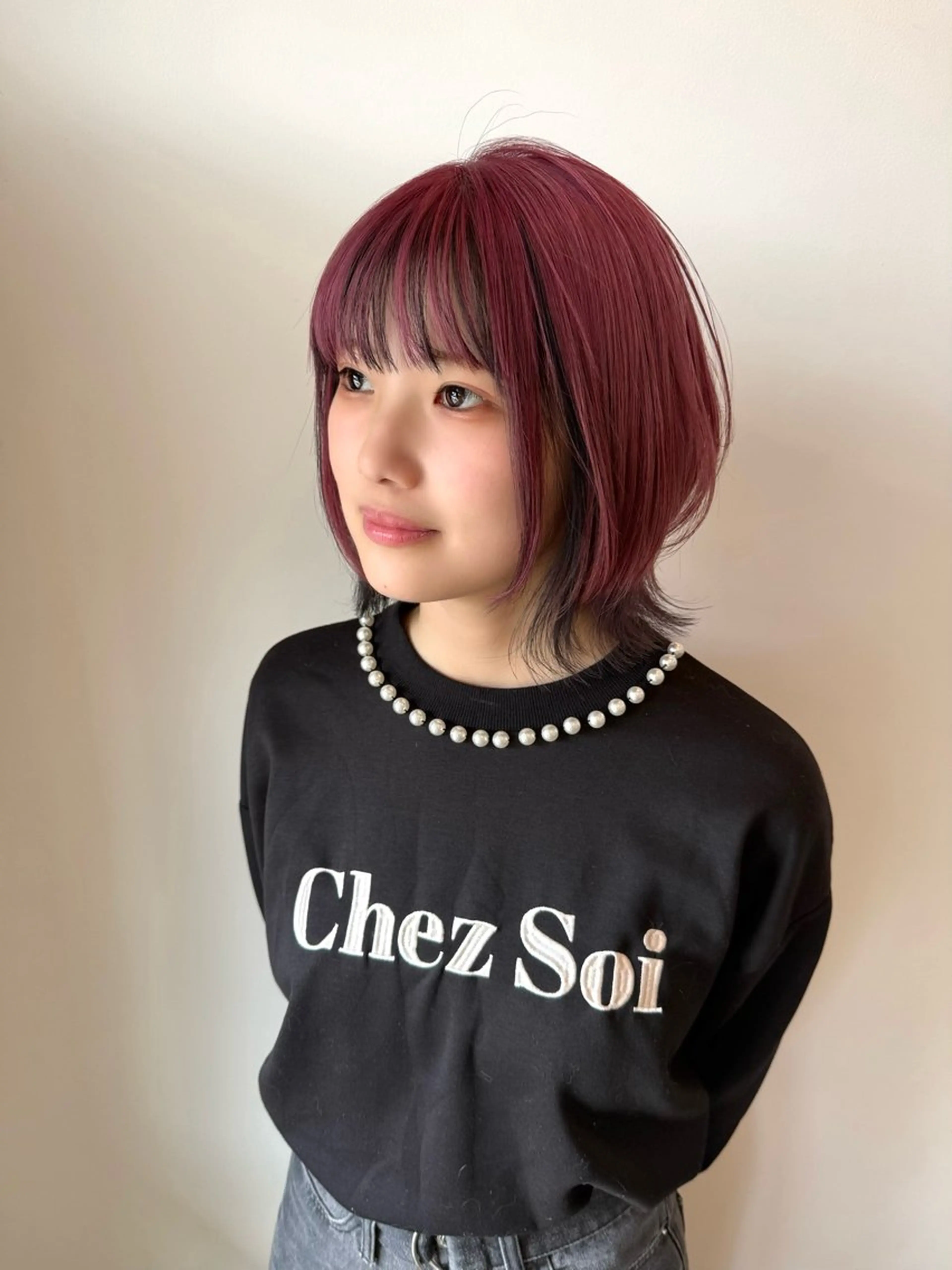 ミディアム カラー ボブレイヤー ミストバング 黒髪  フェイスフレーミング ピンクカラー カット ヘアカラー WATANABE MISAKIのヘアスタイル