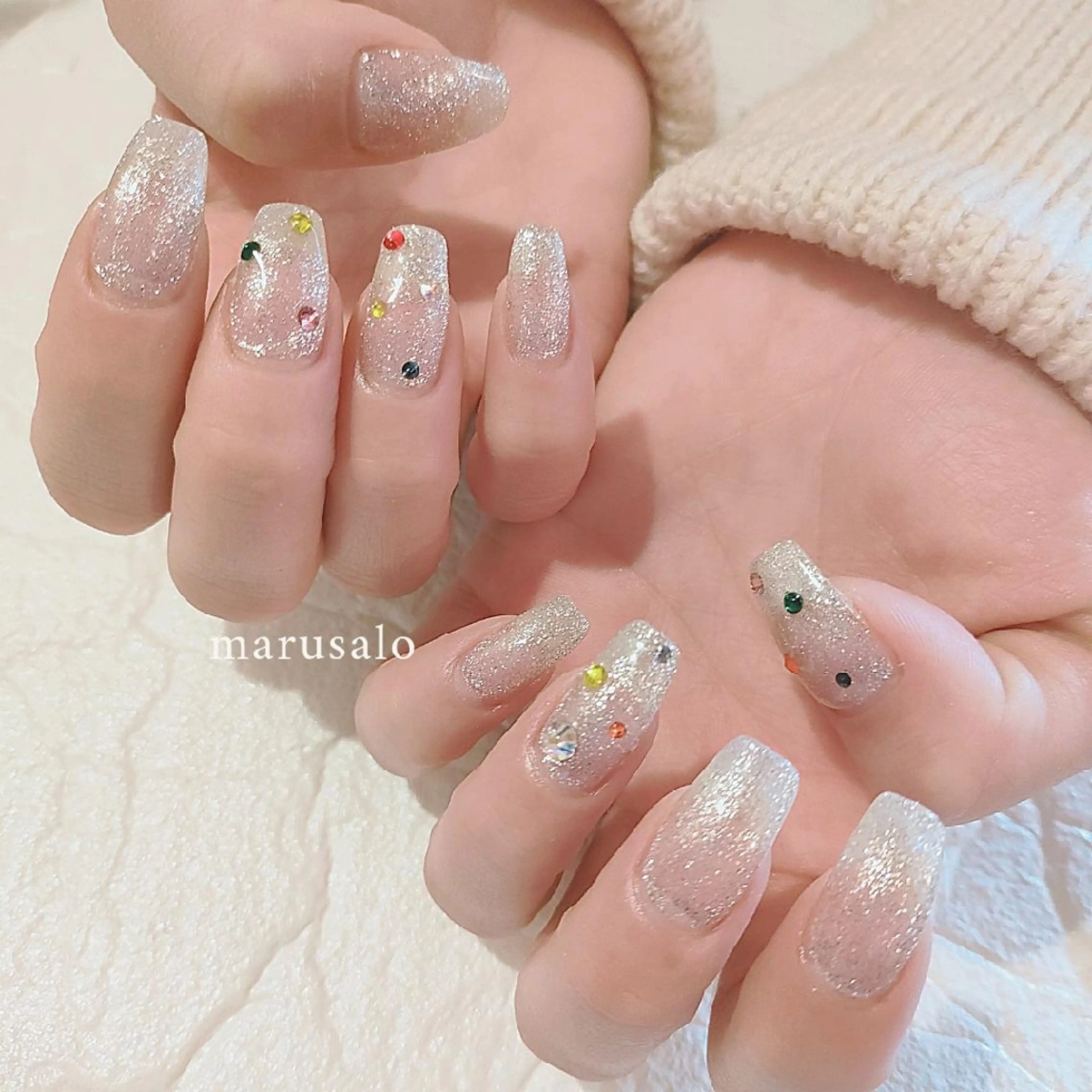 ネイル キラキラネイル ラメ(グリッター) 春ネイル ストーンネイル ハンドネイル marusalo nailのネイルデザイン